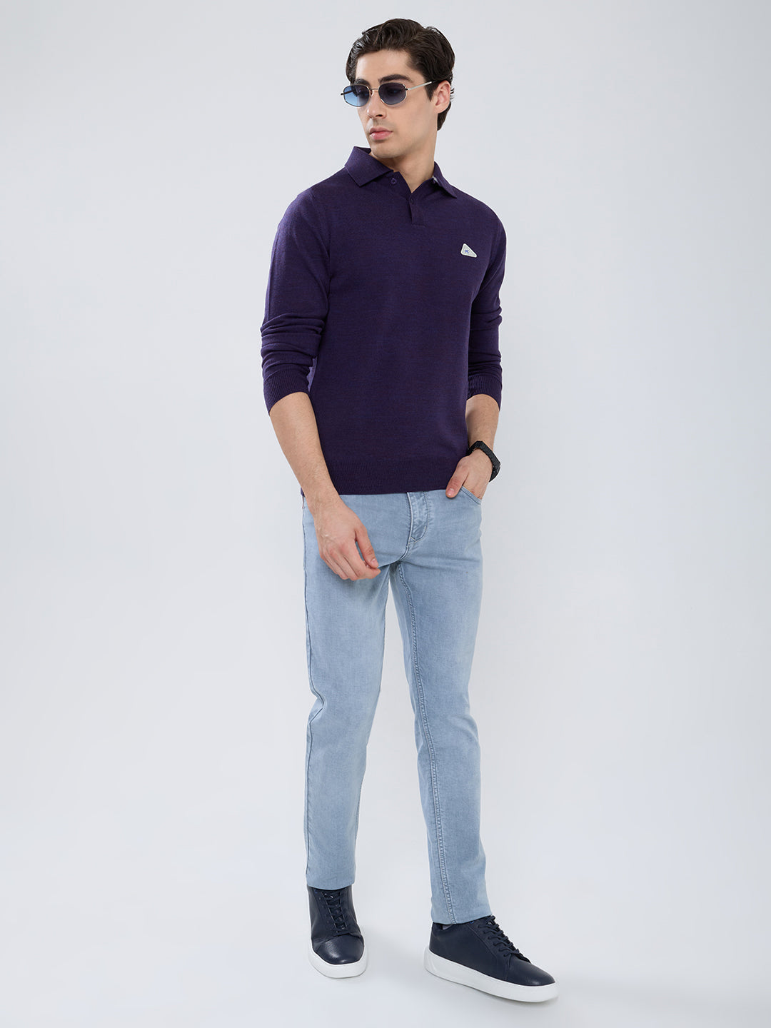 Men Purple Solid Polo Collar Full Sleeve Winter T-Shirt