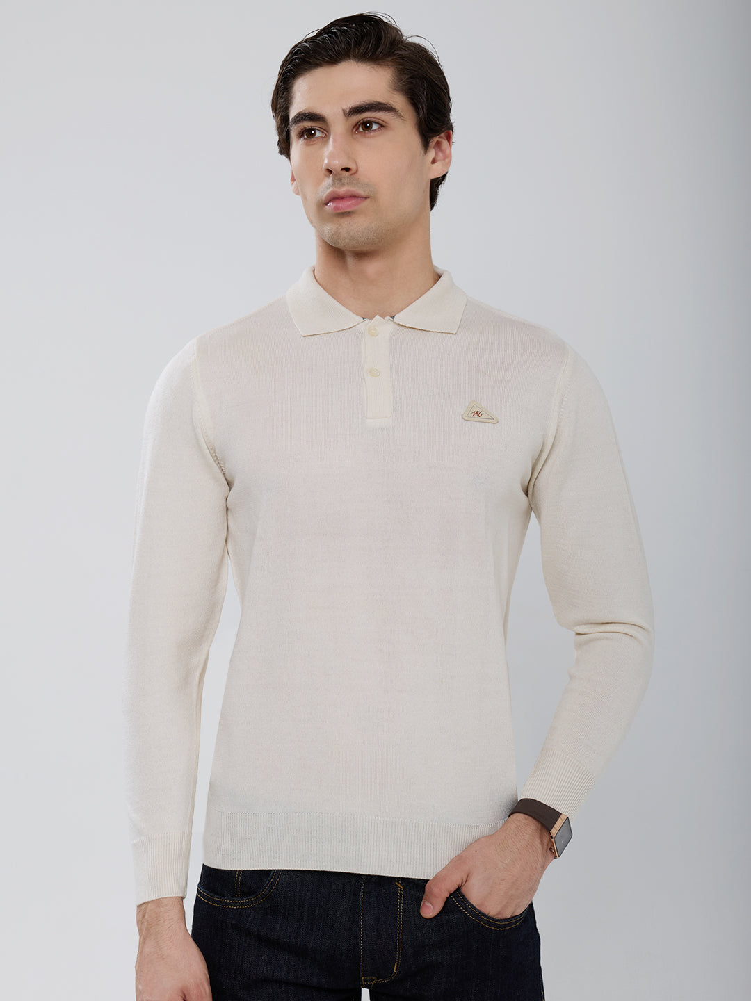 Men Cream Solid Polo Collar Full Sleeve Winter T-Shirt