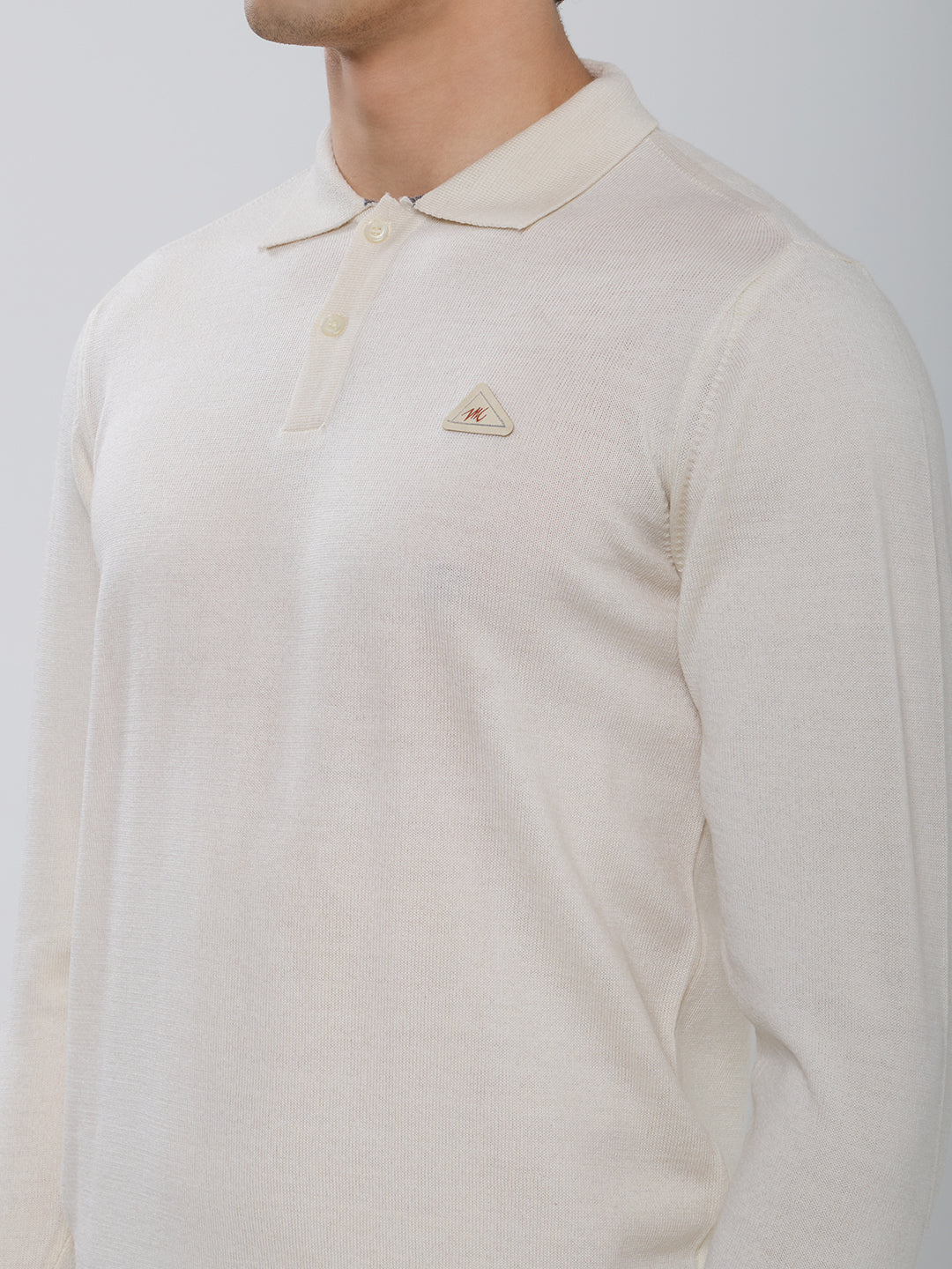 Men Cream Solid Polo Collar Full Sleeve Winter T-Shirt