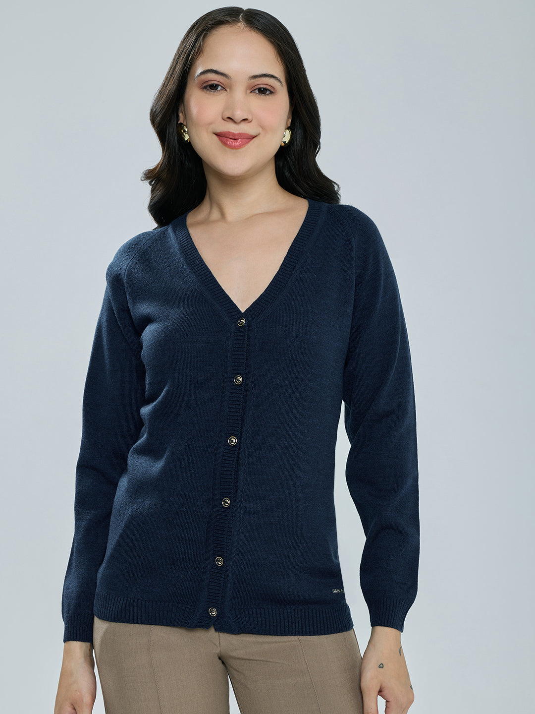 Women Navy Blue Solid V Neck Full Sleeve Cardigan
