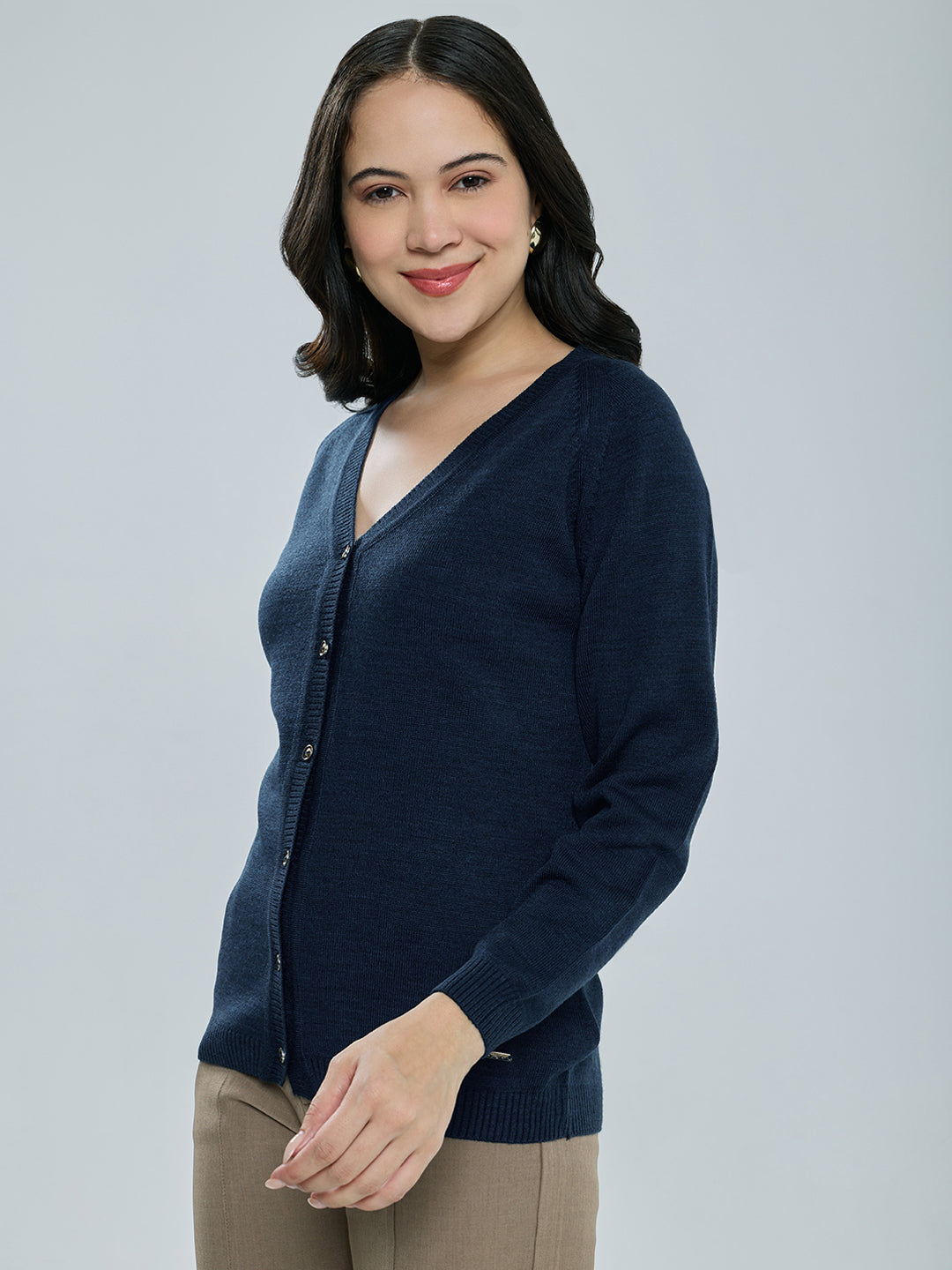 Women Navy Blue Solid V Neck Full Sleeve Cardigan