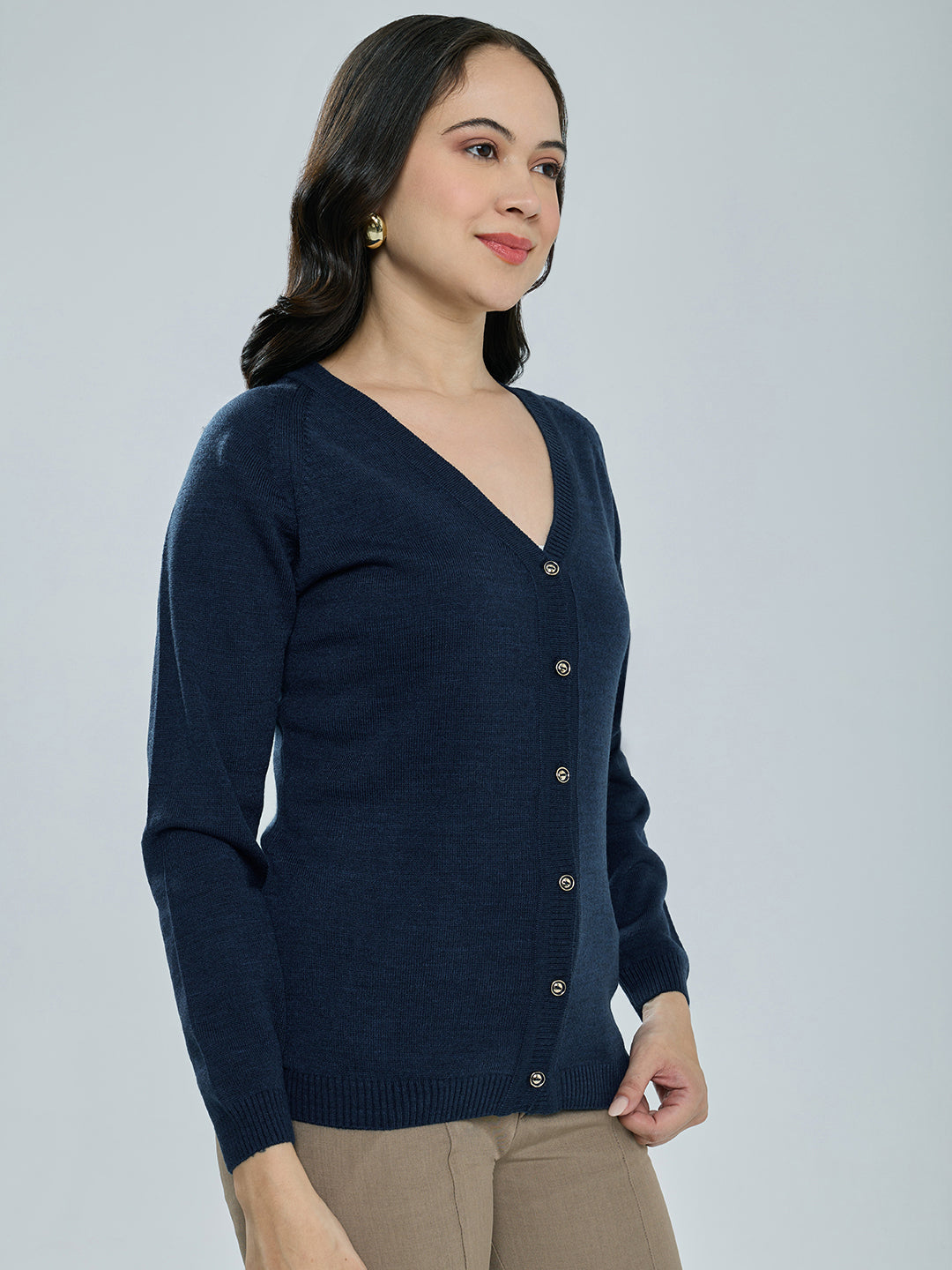Women Navy Blue Solid V Neck Full Sleeve Cardigan