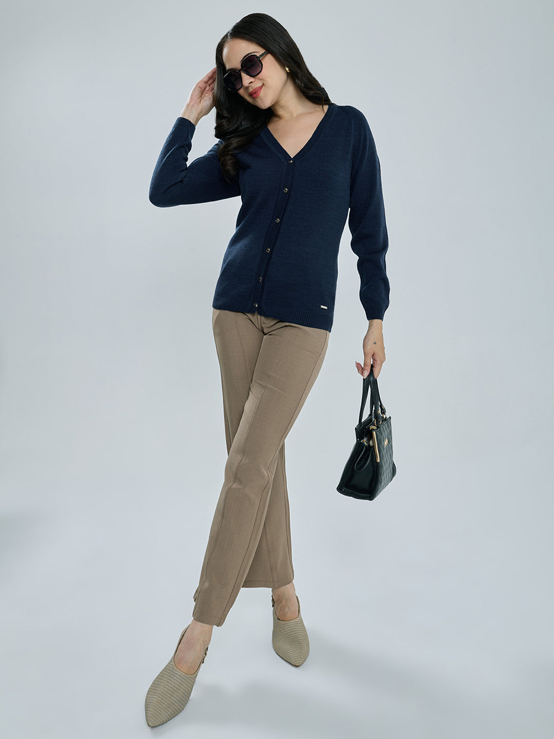 Women Navy Blue Solid V Neck Full Sleeve Cardigan