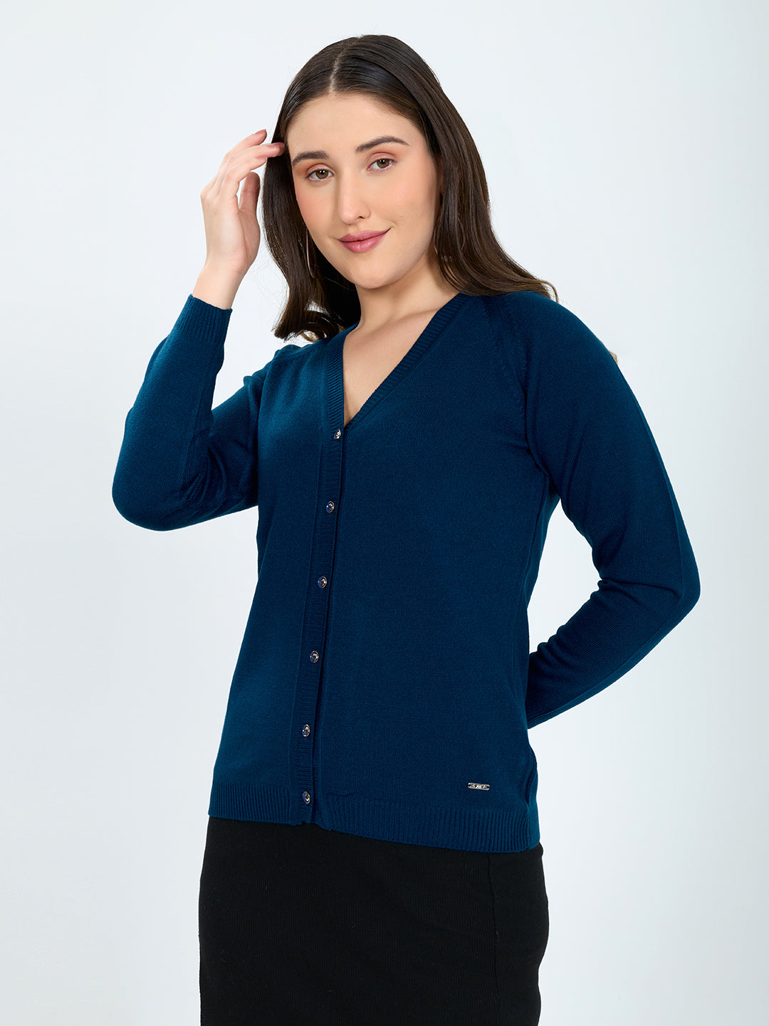 Women Blue Solid V Neck Full Sleeve Cardigan