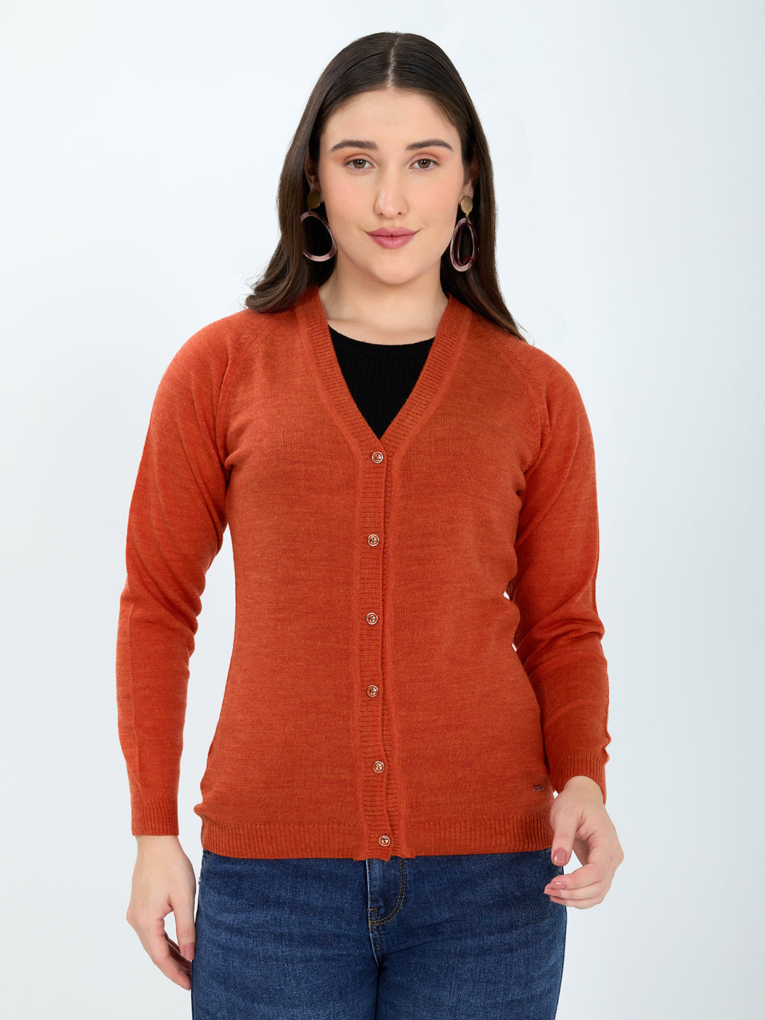 Women Orange Solid V Neck Full Sleeve Cardigan