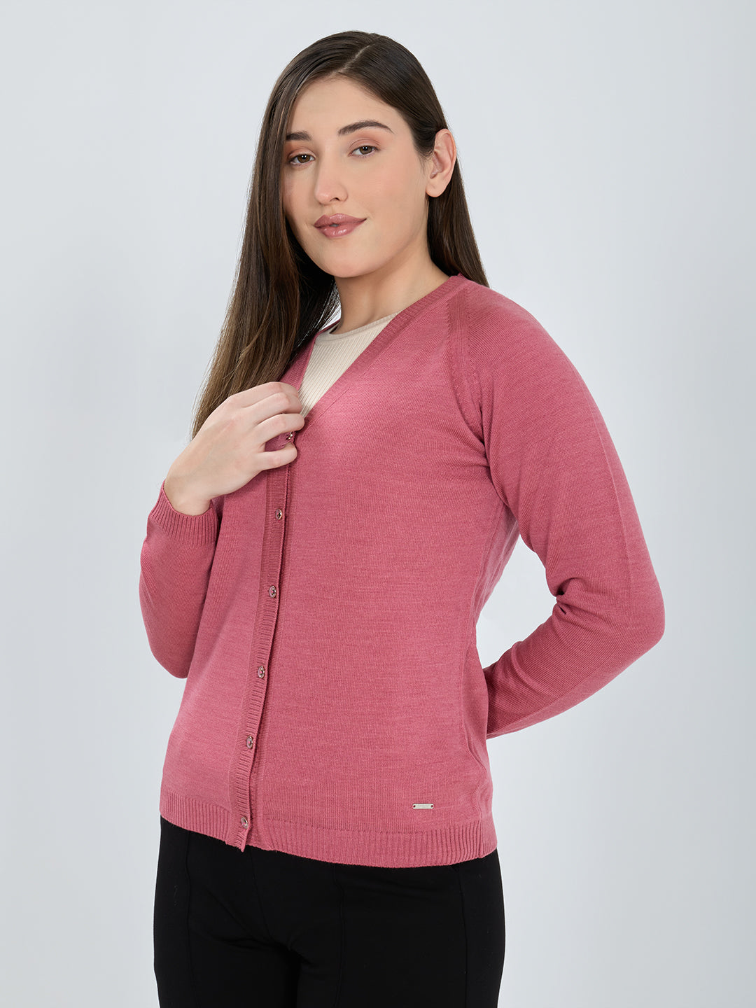 Women Pink Solid V Neck Full Sleeve Cardigan