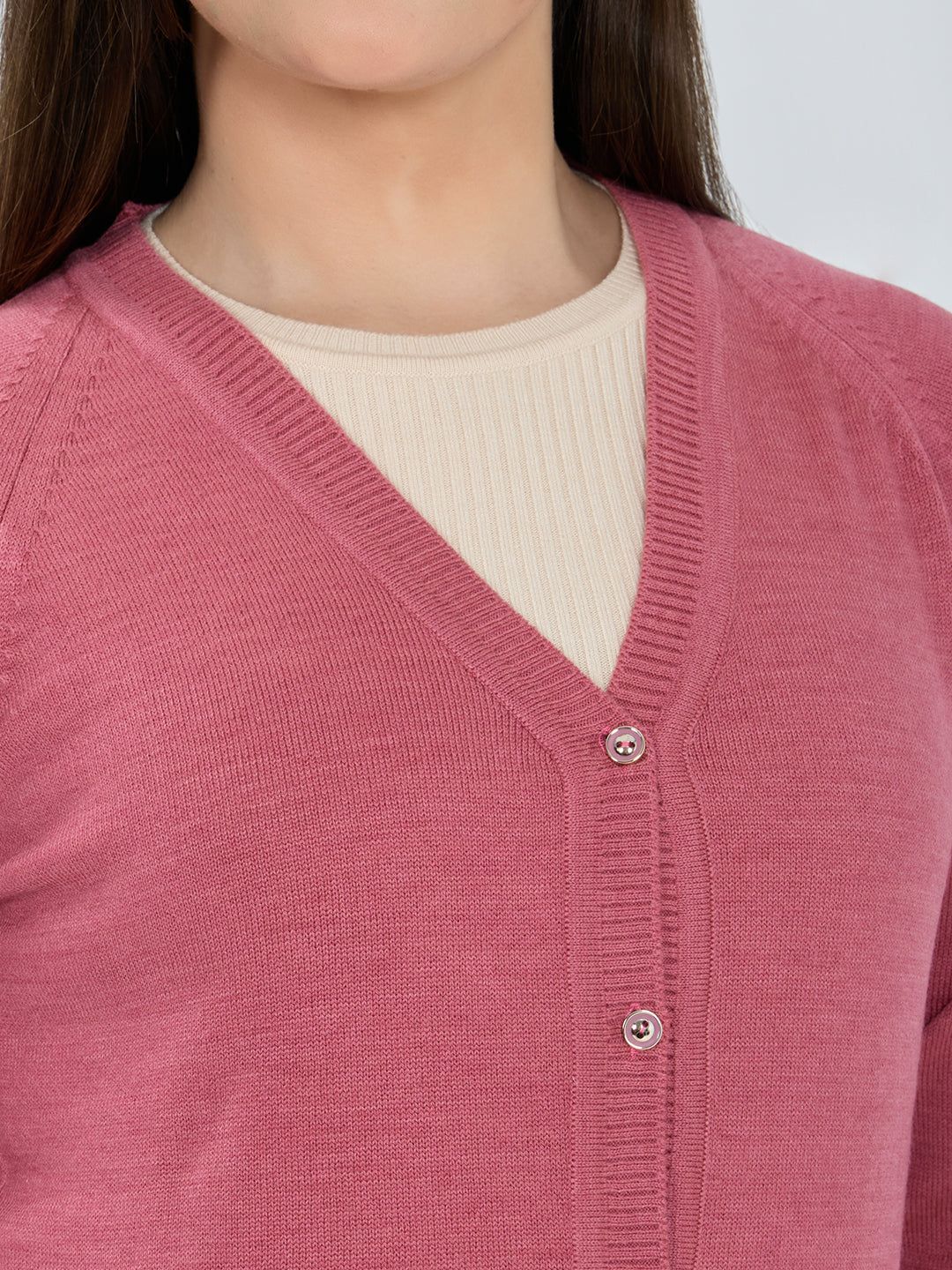 Women Pink Solid V Neck Full Sleeve Cardigan