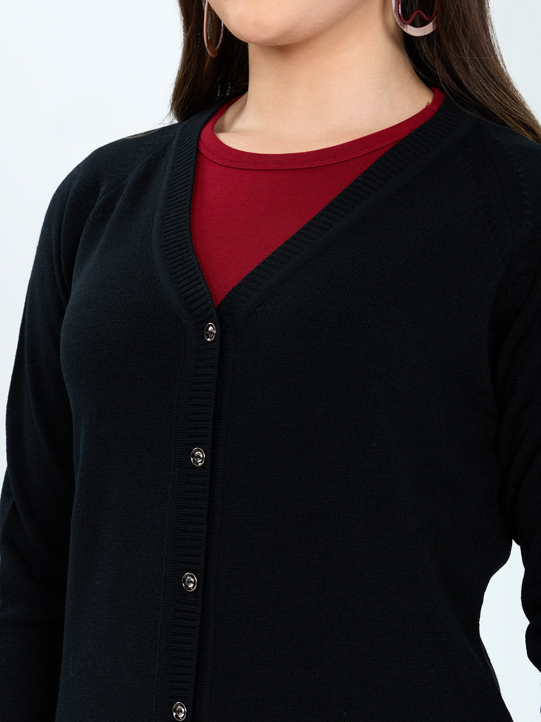 Women Black Solid V Neck Full Sleeve Cardigan