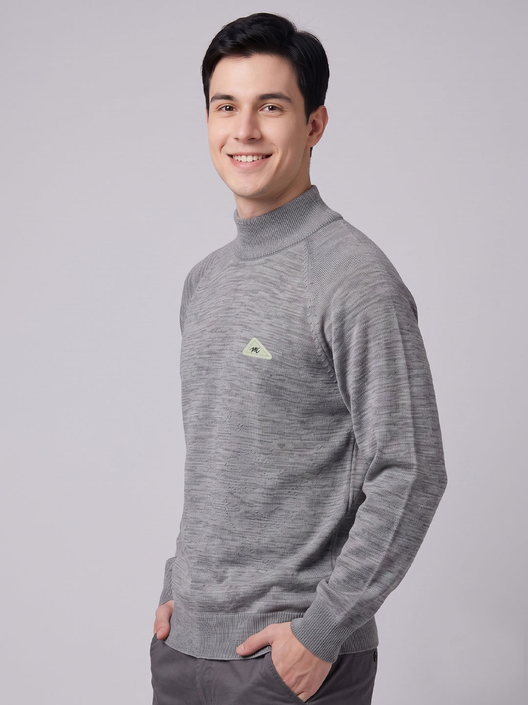 Men Grey Solid Turtle Neck Full Sleeve Pullover