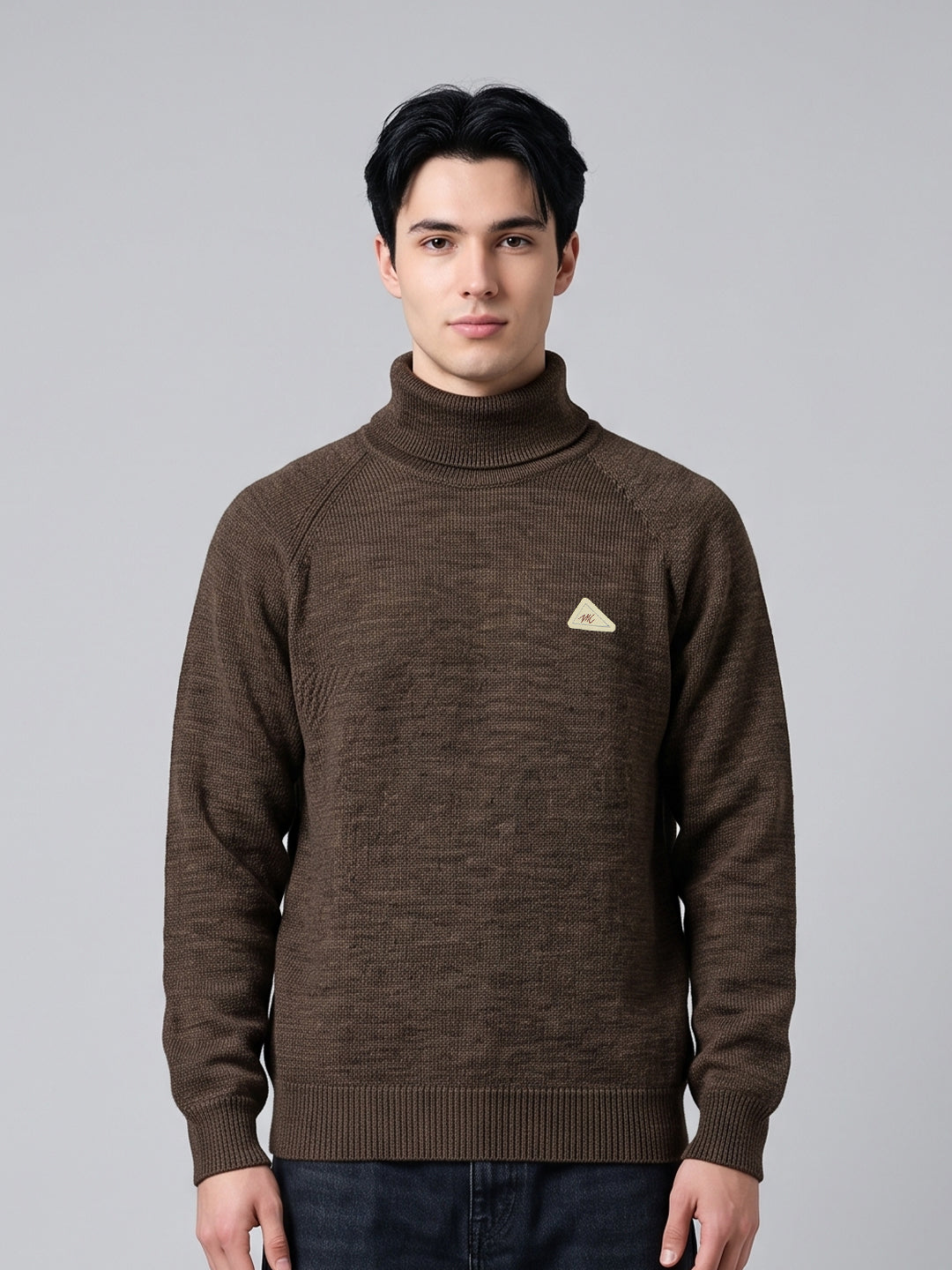 Men Brown Solid Turtle Neck Full Sleeve Pullover