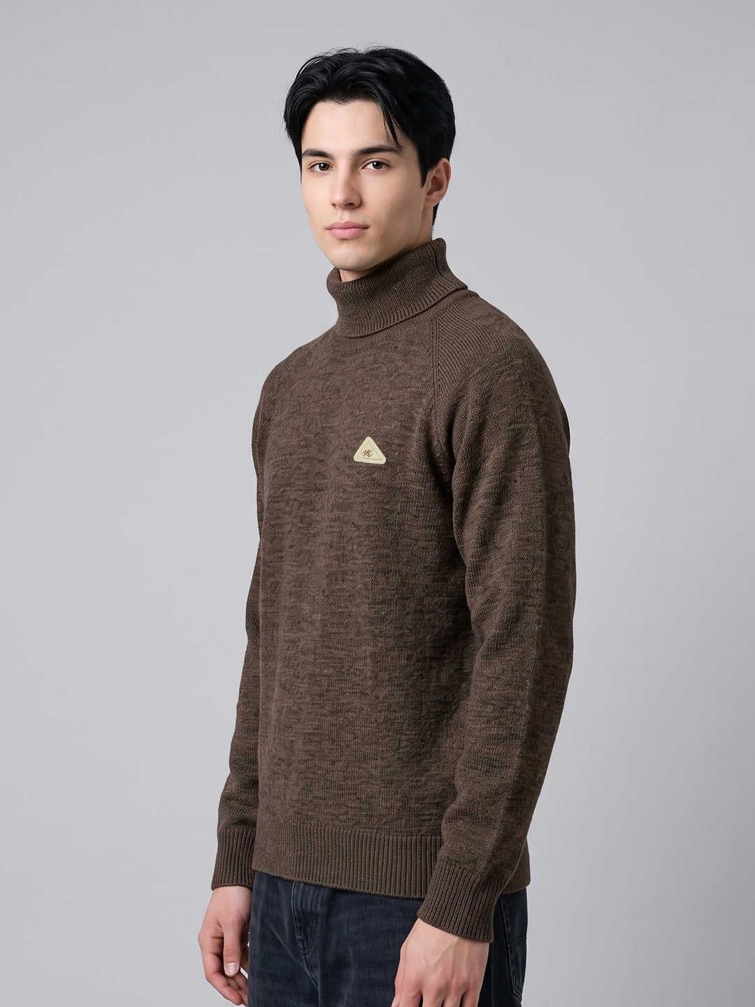 Men Brown Solid Turtle Neck Full Sleeve Pullover