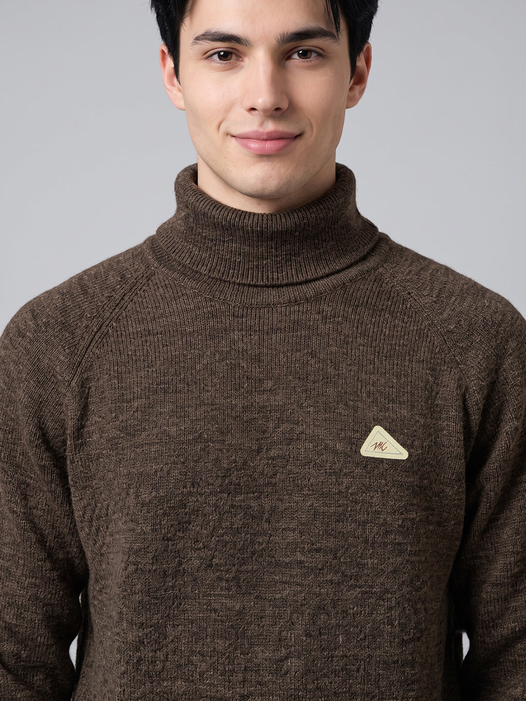 Men Brown Solid Turtle Neck Full Sleeve Pullover