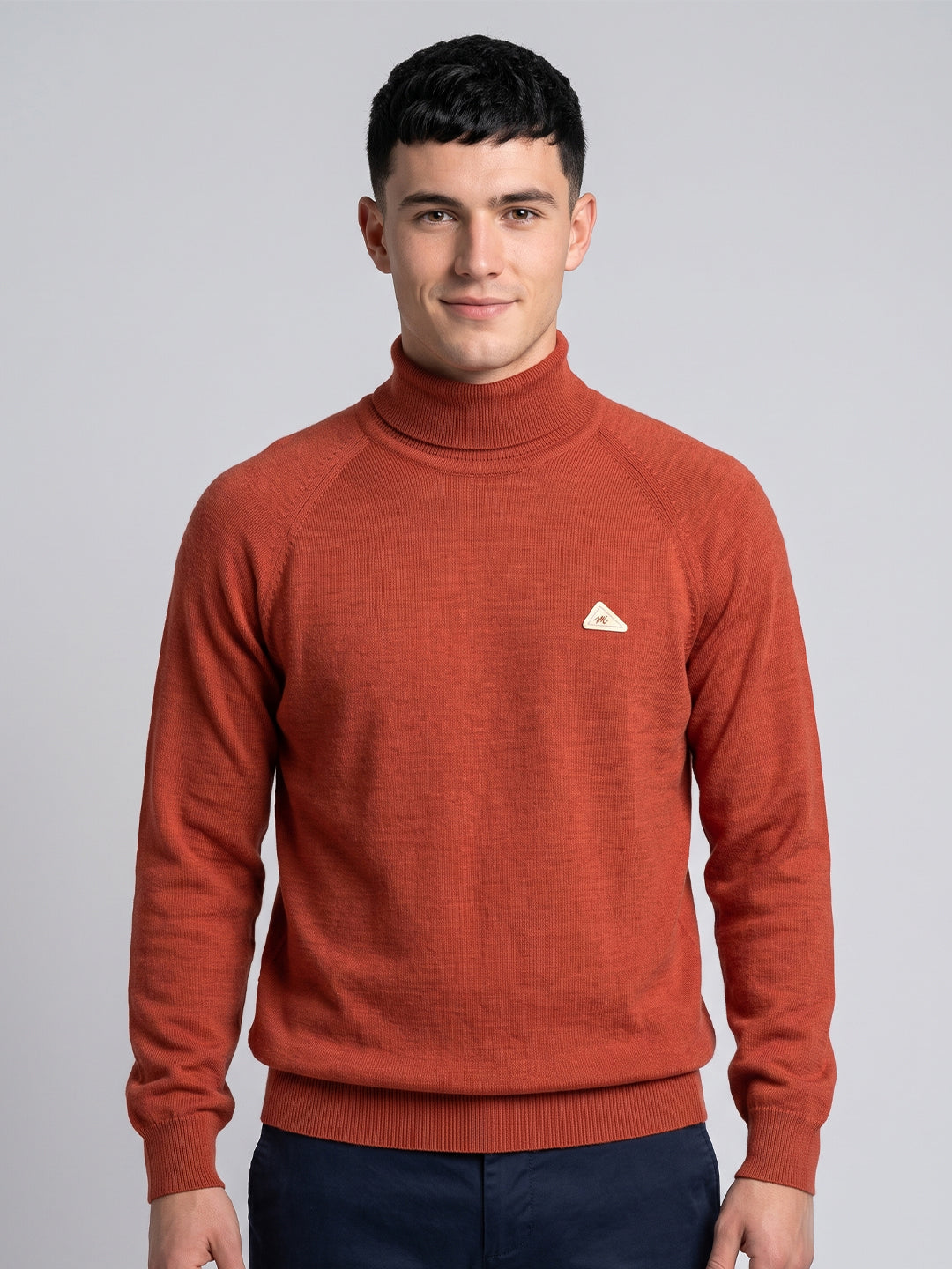 Men Orange Solid Turtle Neck Full Sleeve Pullover