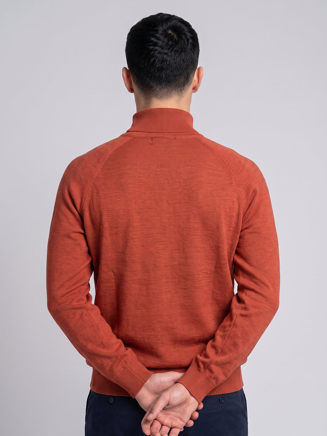 Men Orange Solid Turtle Neck Full Sleeve Pullover
