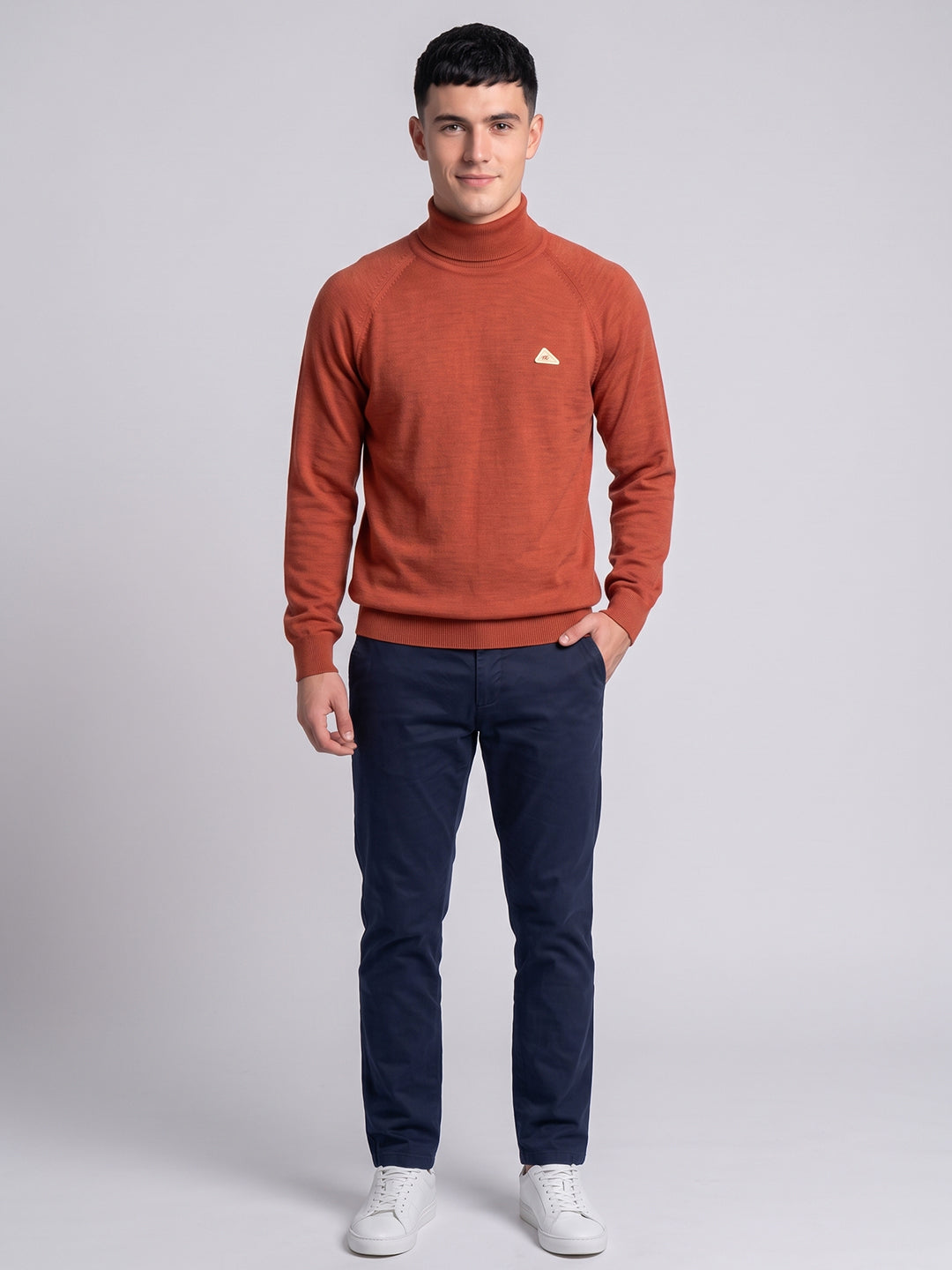 Men Orange Solid Turtle Neck Full Sleeve Pullover