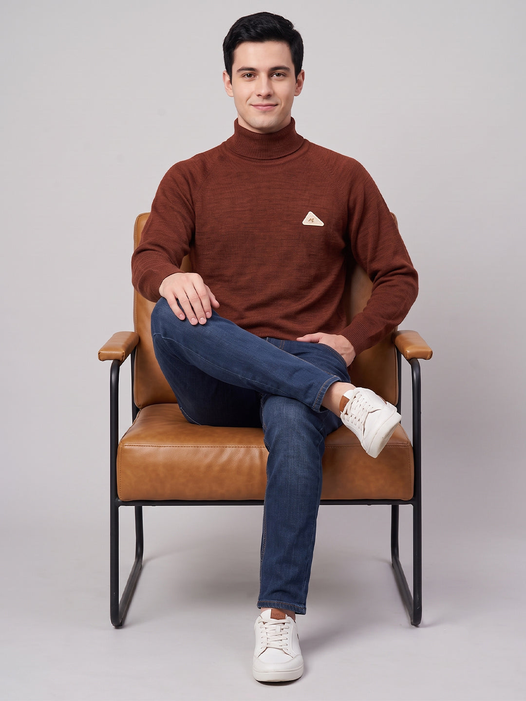 Men Rust Solid Turtle Neck Full Sleeve Pullover