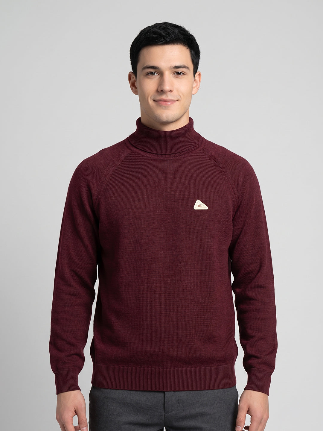 Men Red Solid Turtle Neck Full Sleeve Pullover