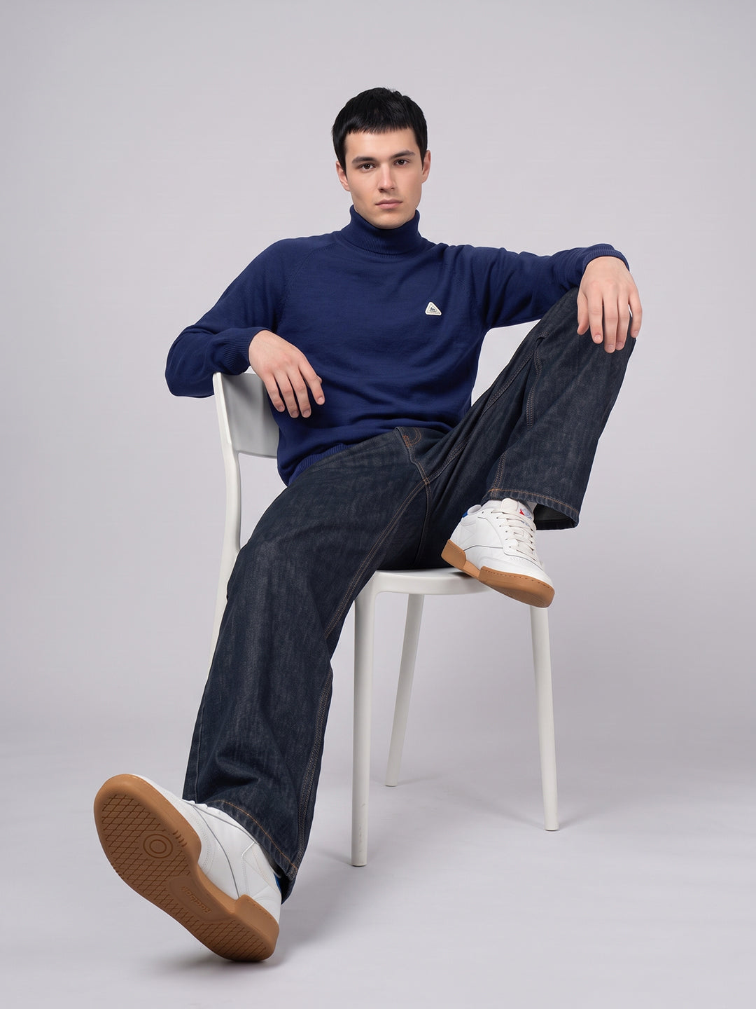 Men Blue Solid Turtle Neck Full Sleeve Pullover