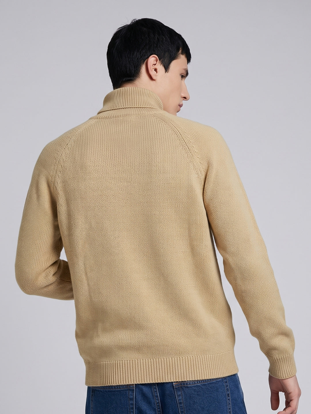 Men Camel Brown Solid Turtle Neck Full Sleeve Pullover