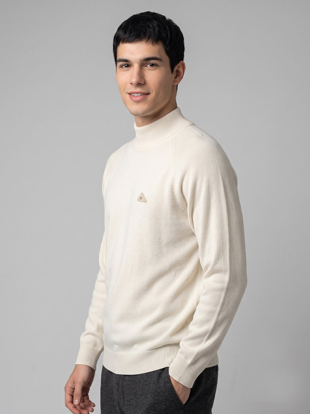 Men Cream Solid Turtle Neck Full Sleeve Pullover