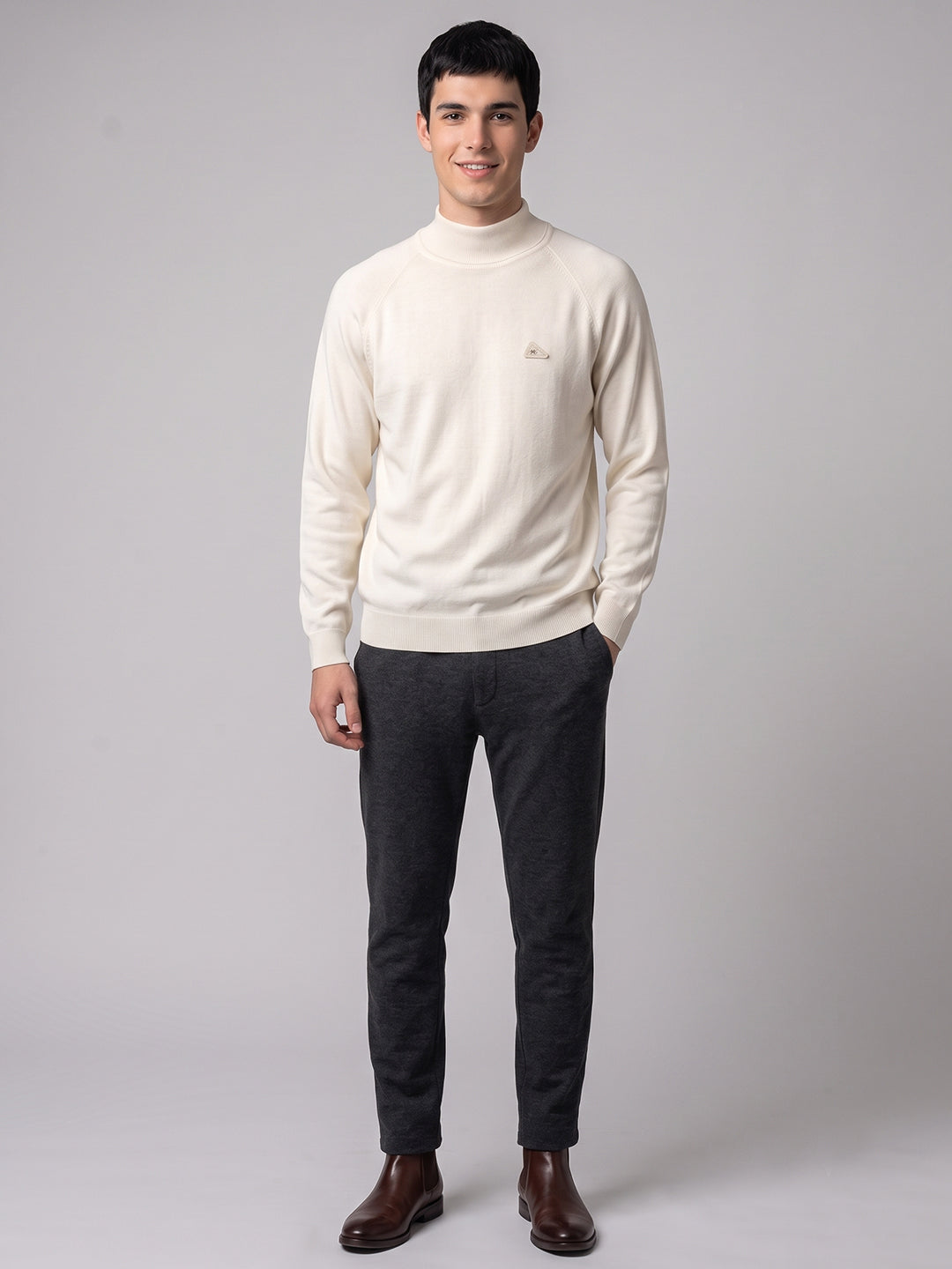Men Cream Solid Turtle Neck Full Sleeve Pullover