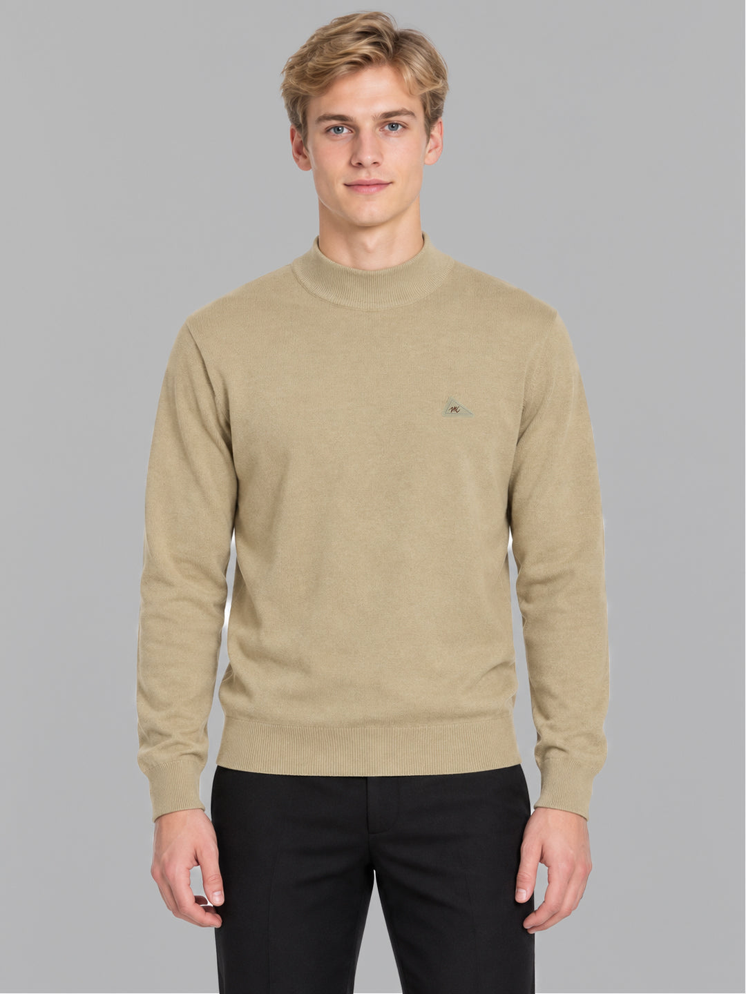 Men Camel Brown Solid Turtle Neck Full Sleeve Pullover