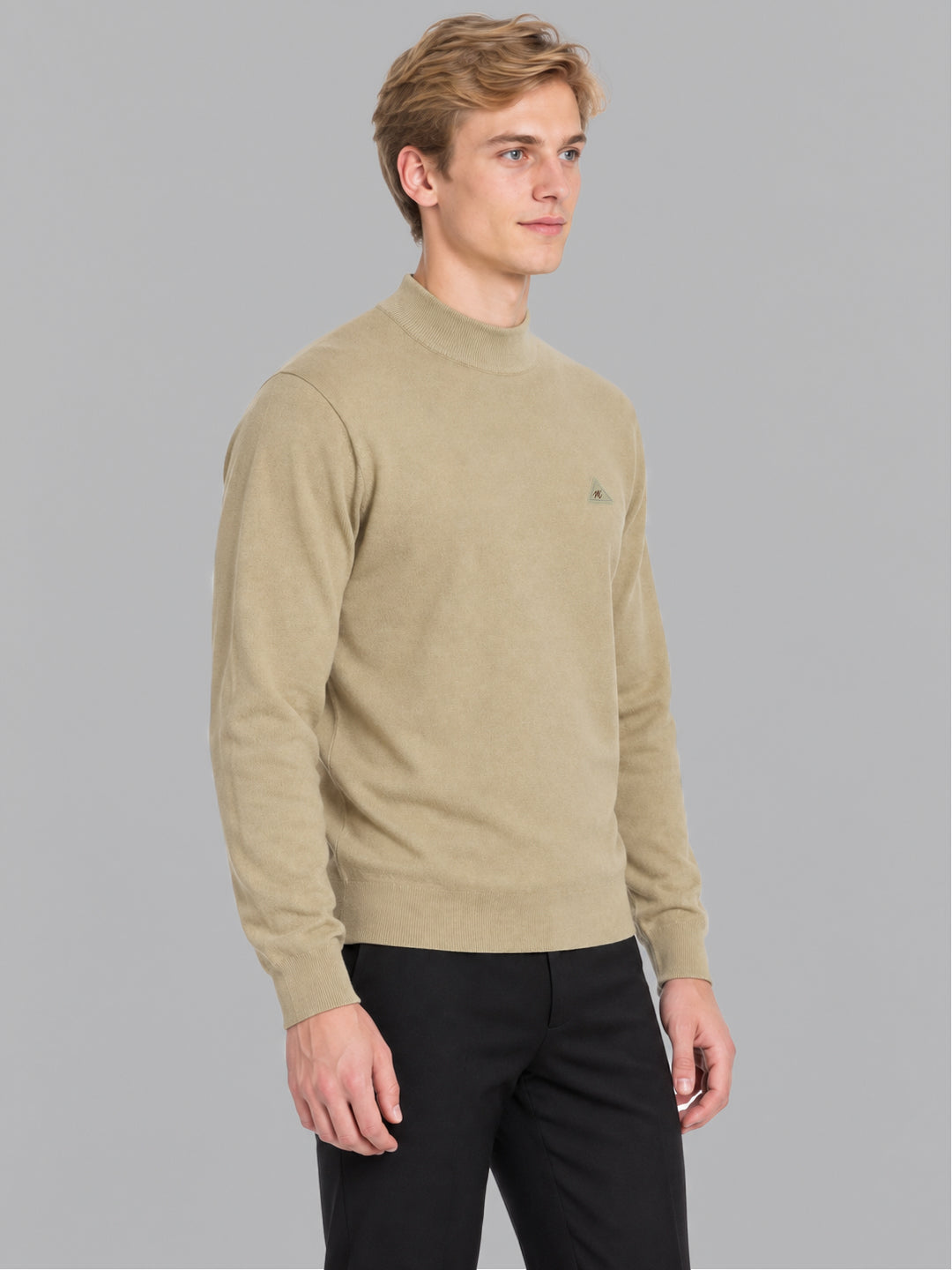 Men Camel Brown Solid Turtle Neck Full Sleeve Pullover