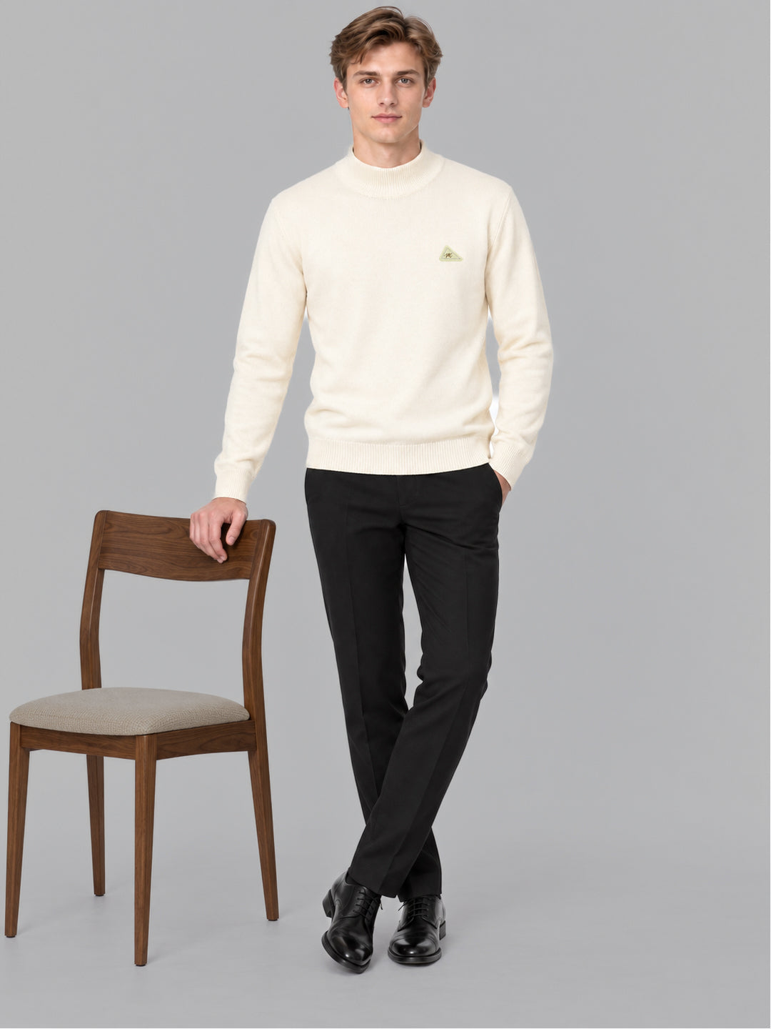 Men Cream Solid Turtle Neck Full Sleeve Pullover