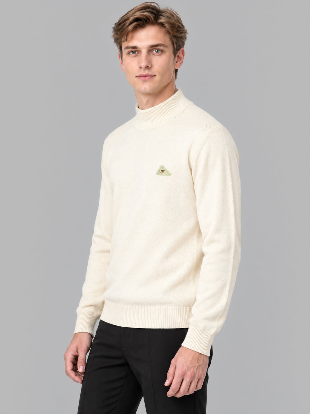 Men Cream Solid Turtle Neck Full Sleeve Pullover