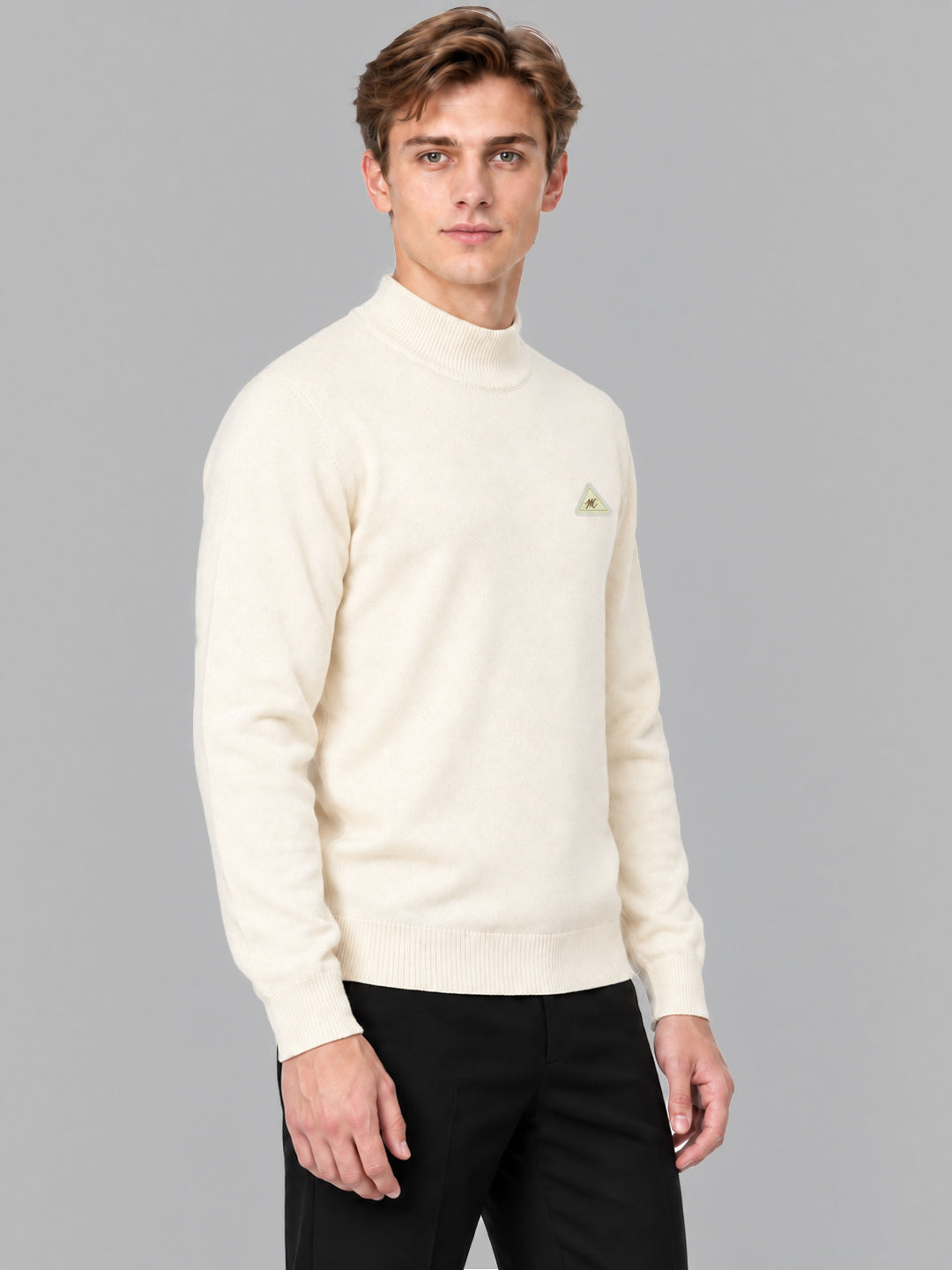 Men Cream Solid Turtle Neck Full Sleeve Pullover