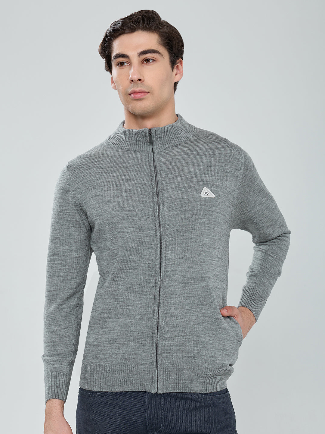 Men Grey Solid Turtle Neck Full Sleeve Pullover