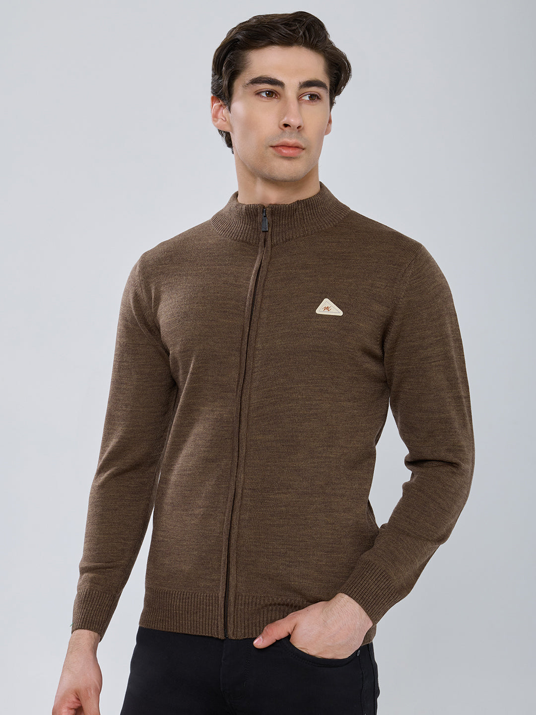 Men Brown Solid Turtle Neck Full Sleeve Pullover
