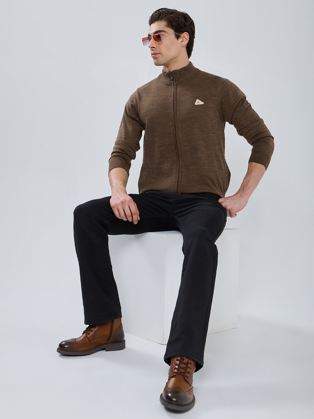 Men Brown Solid Turtle Neck Full Sleeve Pullover