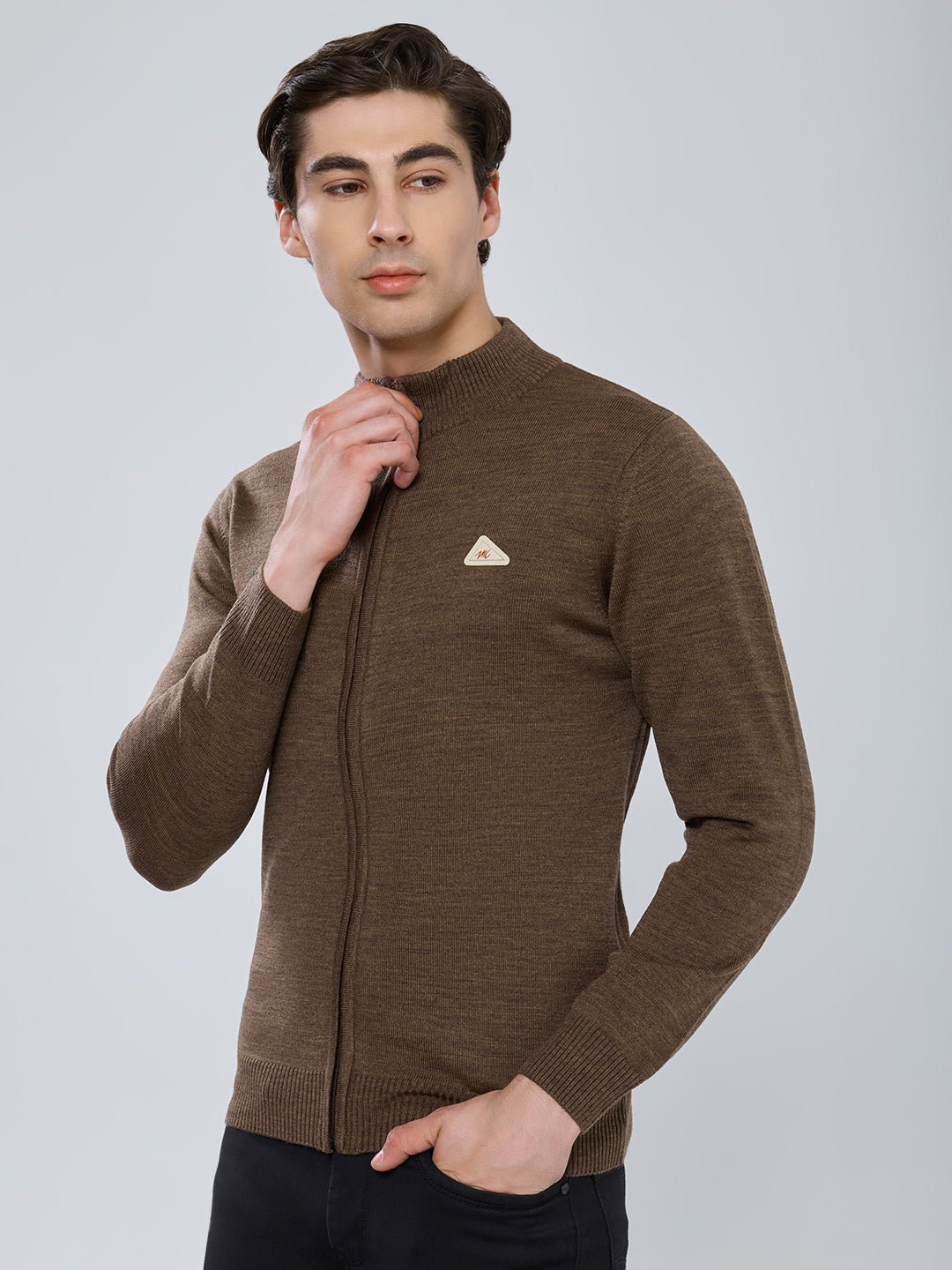 Men Brown Solid Turtle Neck Full Sleeve Pullover