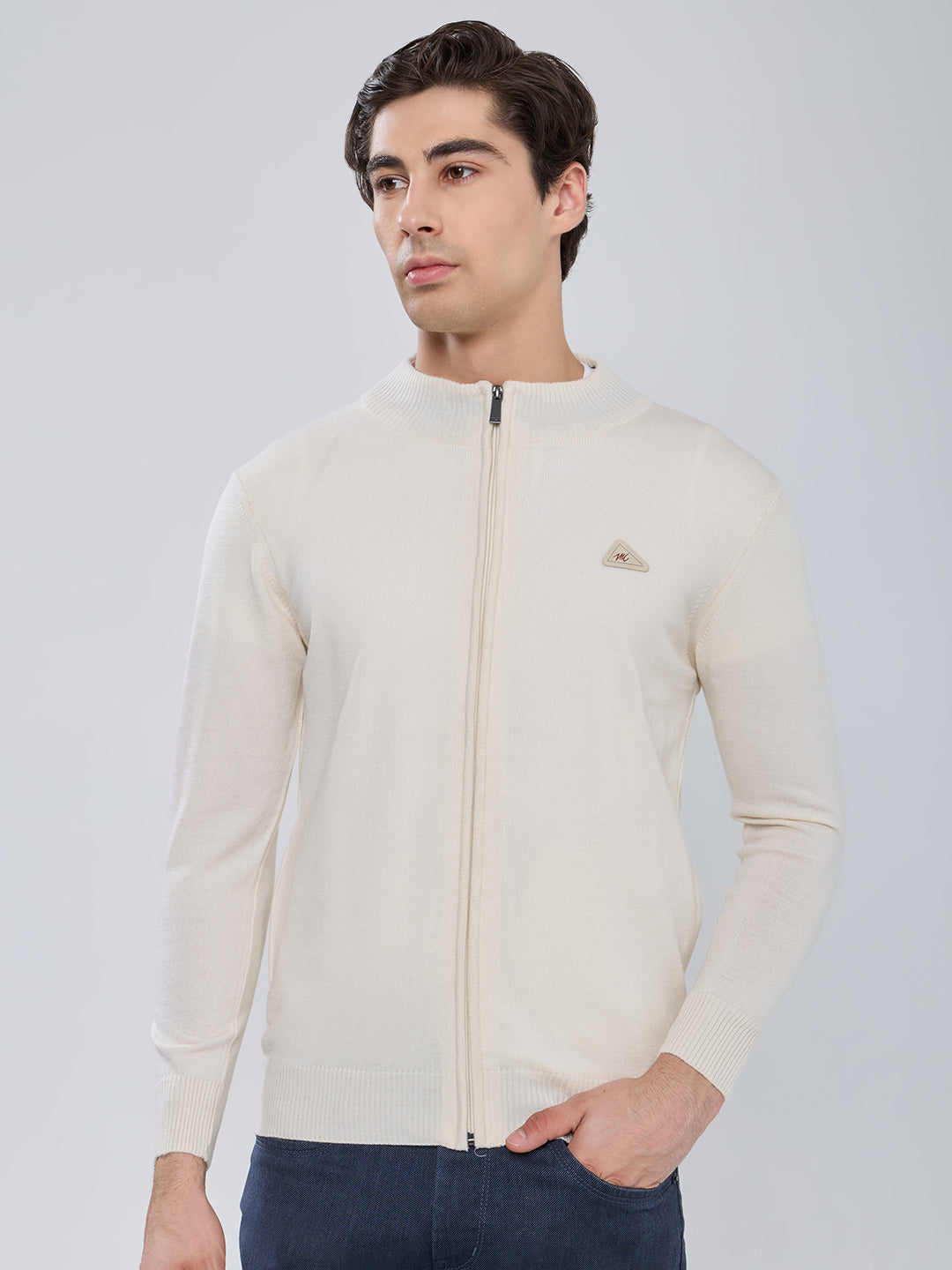 Men Cream Solid Turtle Neck Full Sleeve Pullover