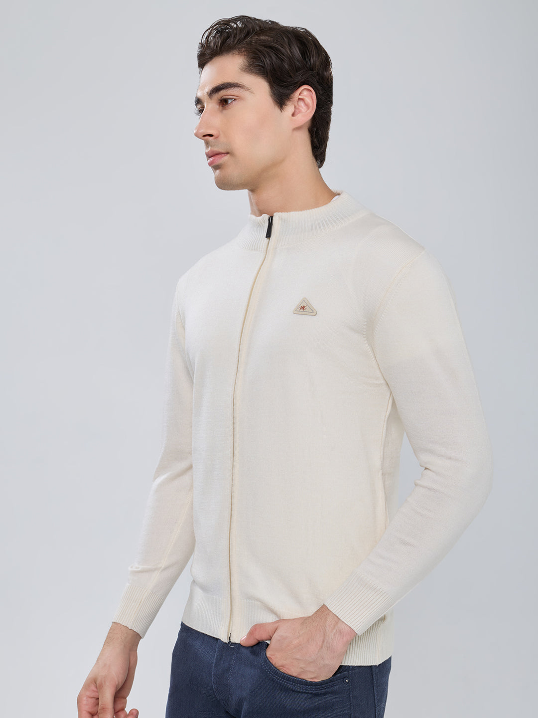 Men Cream Solid Turtle Neck Full Sleeve Pullover