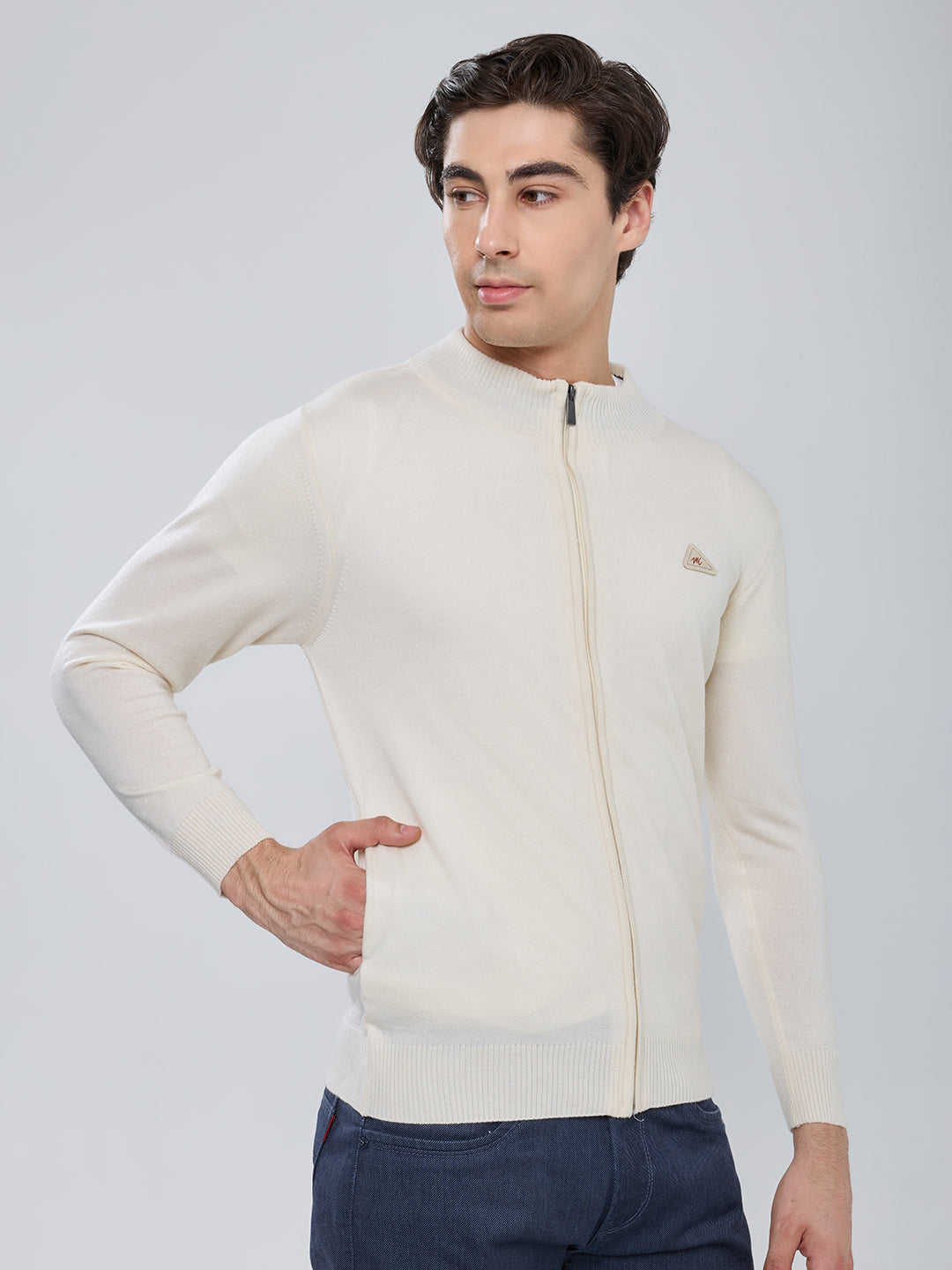 Men Cream Solid Turtle Neck Full Sleeve Pullover