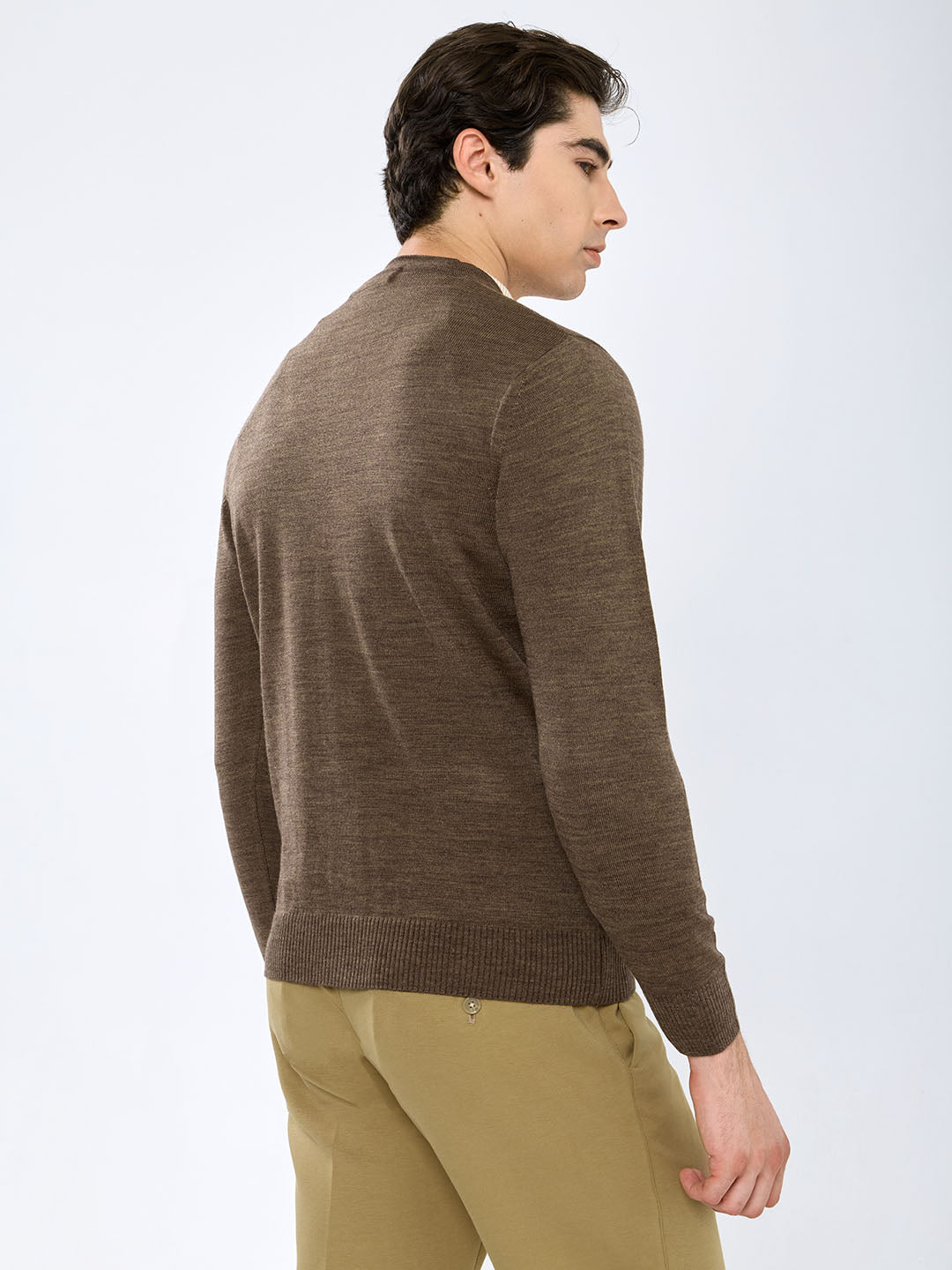 Men Brown Solid V Neck Full Sleeve Cardigan