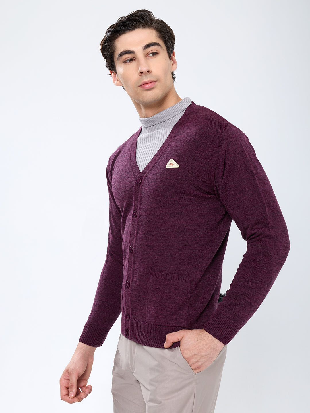 Men Purple Solid V Neck Full Sleeve Cardigan