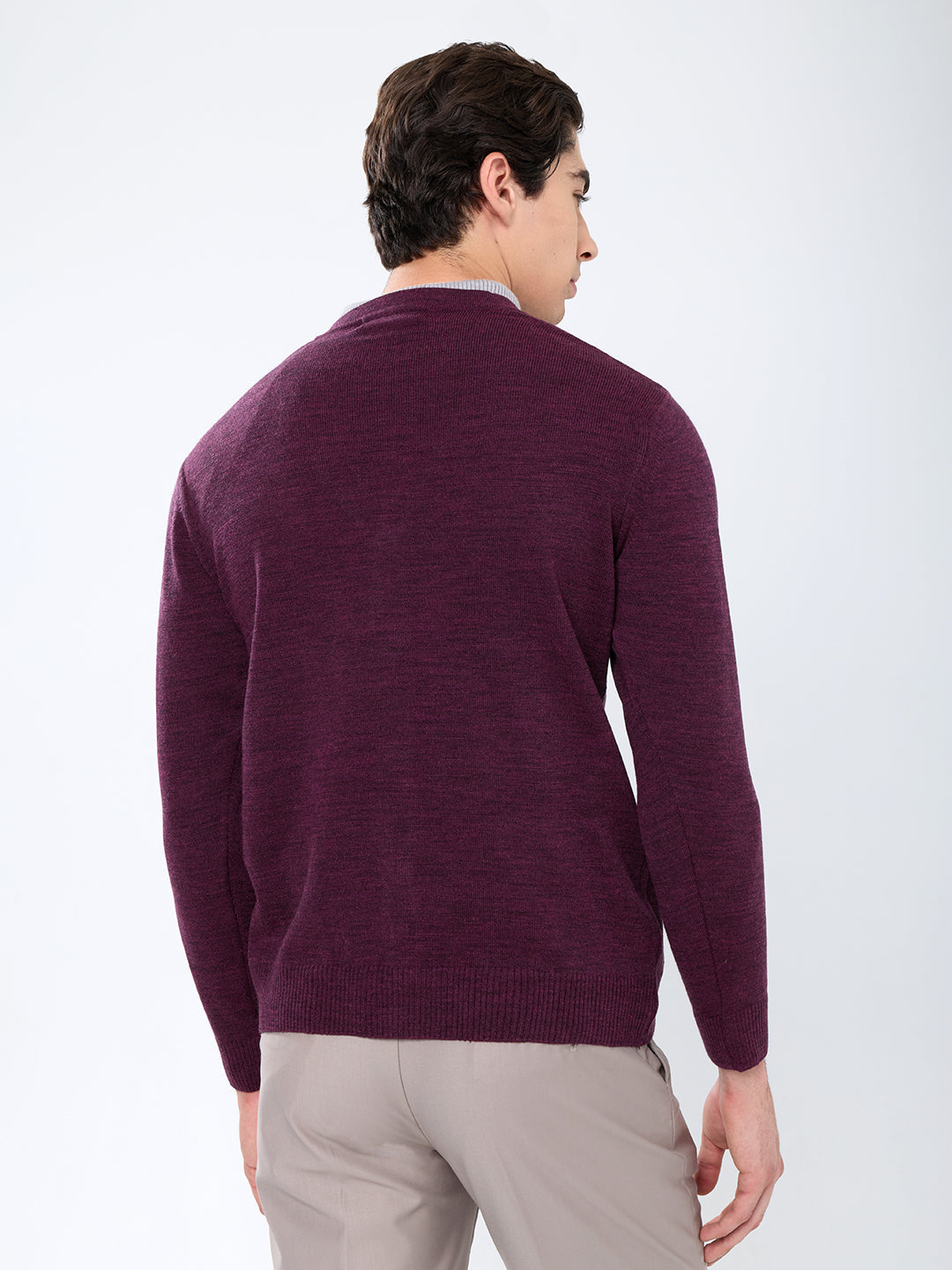 Men Purple Solid V Neck Full Sleeve Cardigan