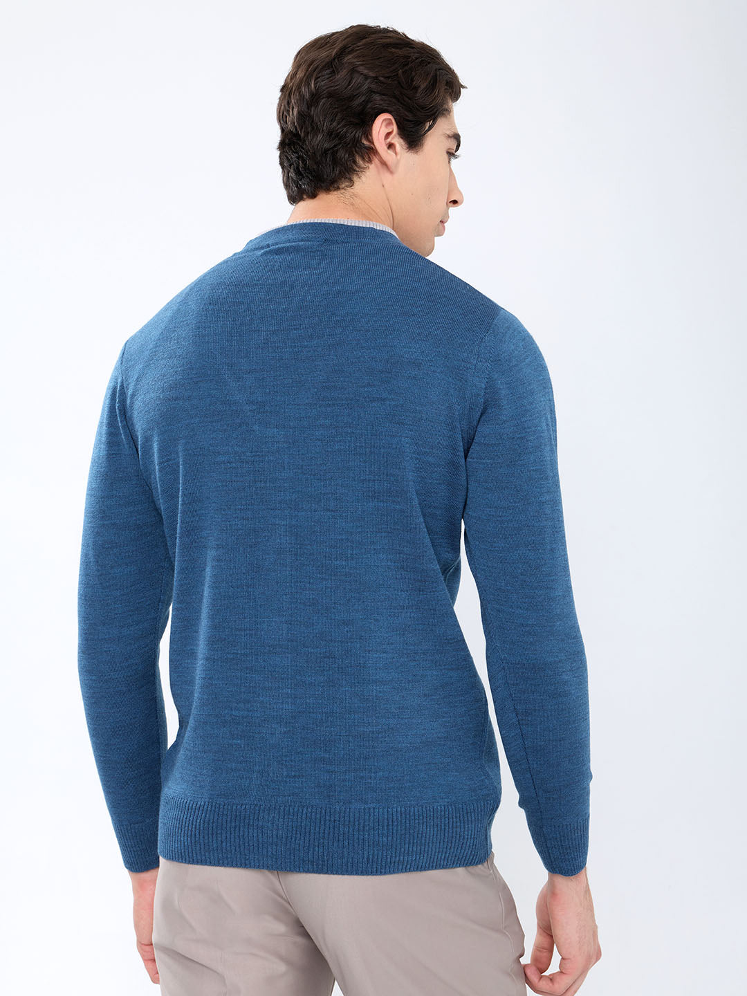 Men Blue Solid V Neck Full Sleeve Cardigan