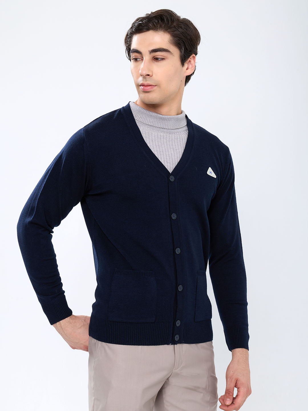 Men Navy Blue Solid V Neck Full Sleeve Cardigan