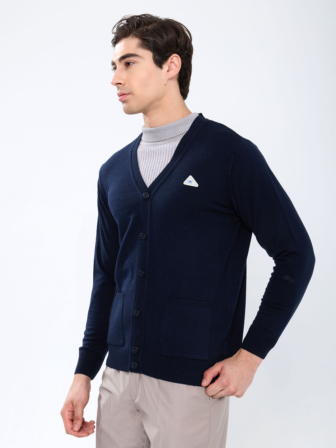 Men Navy Blue Solid V Neck Full Sleeve Cardigan