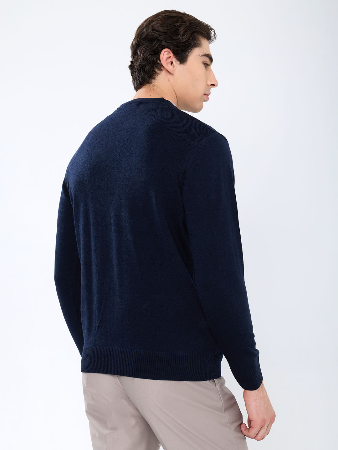 Men Navy Blue Solid V Neck Full Sleeve Cardigan
