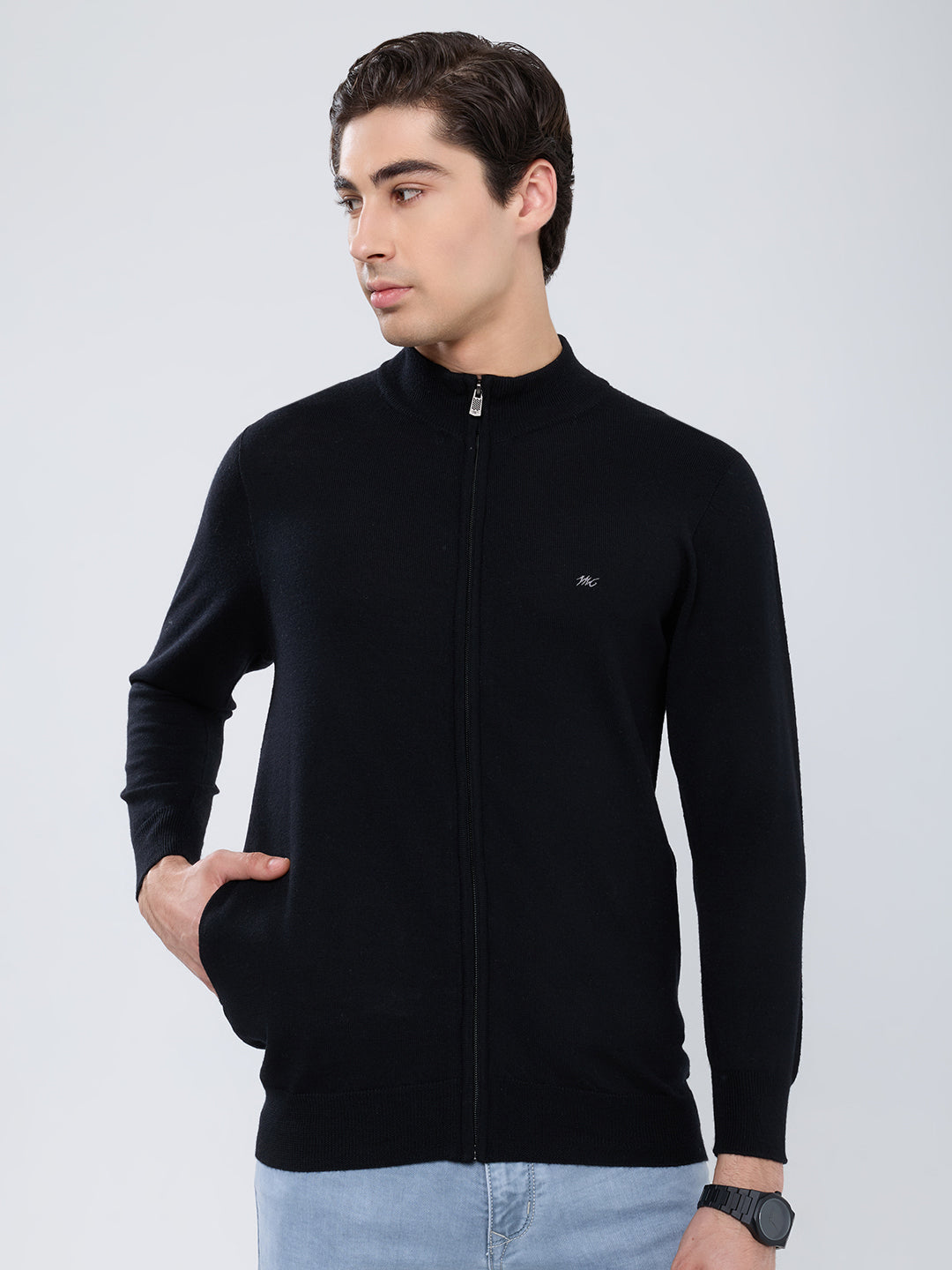 Men Black Solid High Neck Full Sleeve Pullover