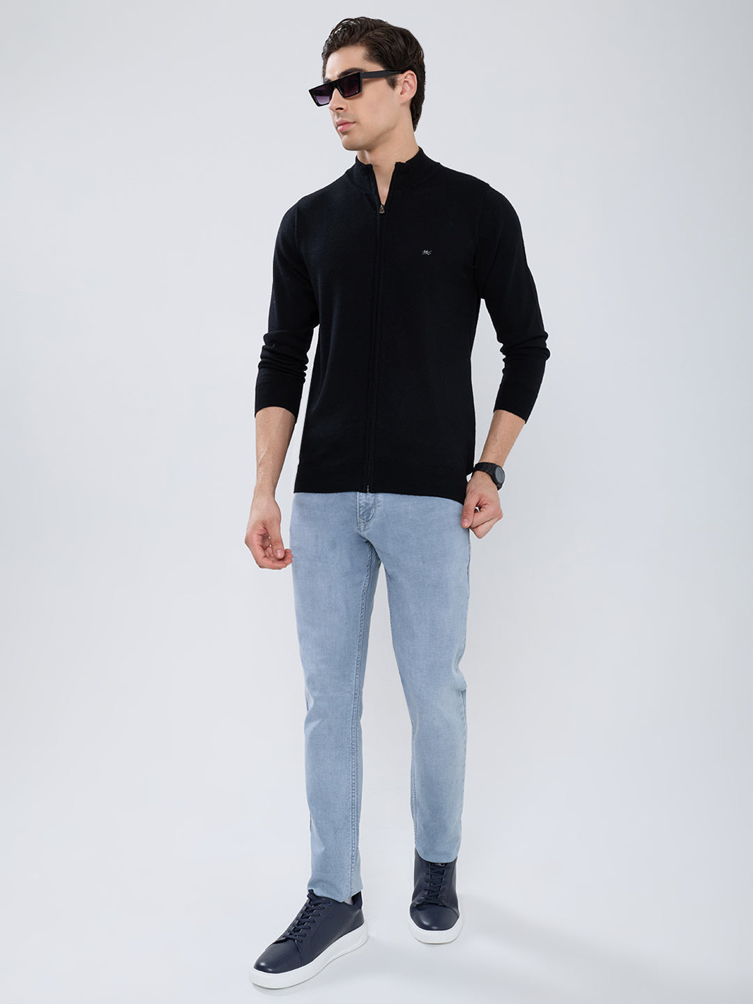 Men Black Solid High Neck Full Sleeve Pullover