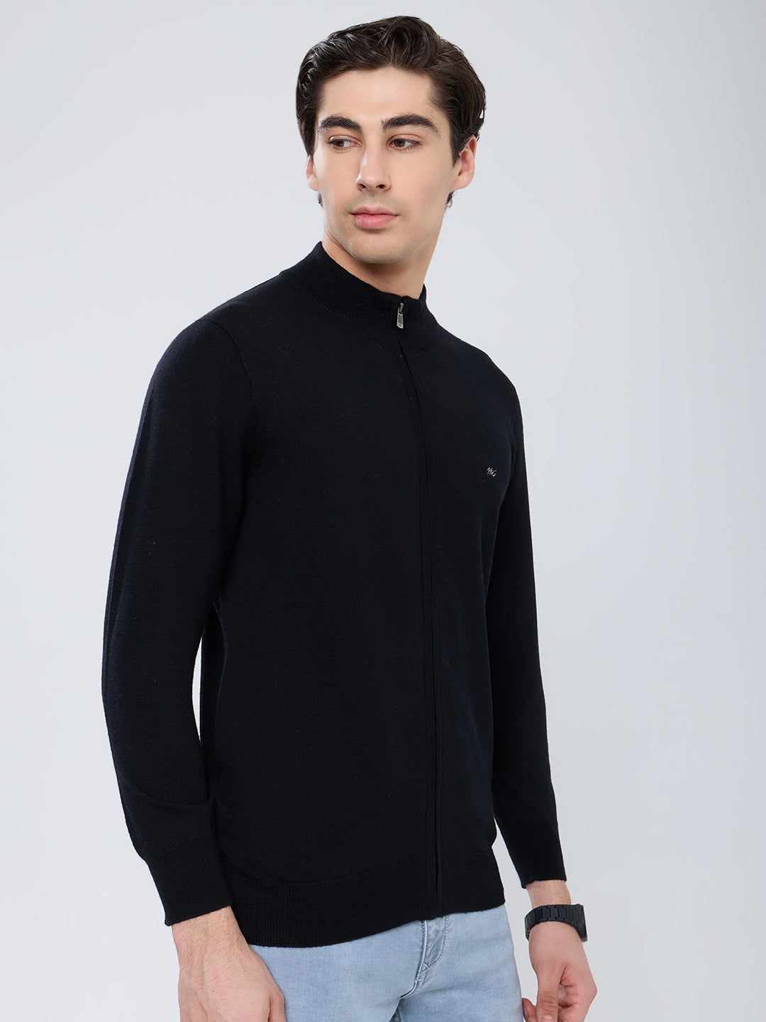 Men Black Solid High Neck Full Sleeve Pullover