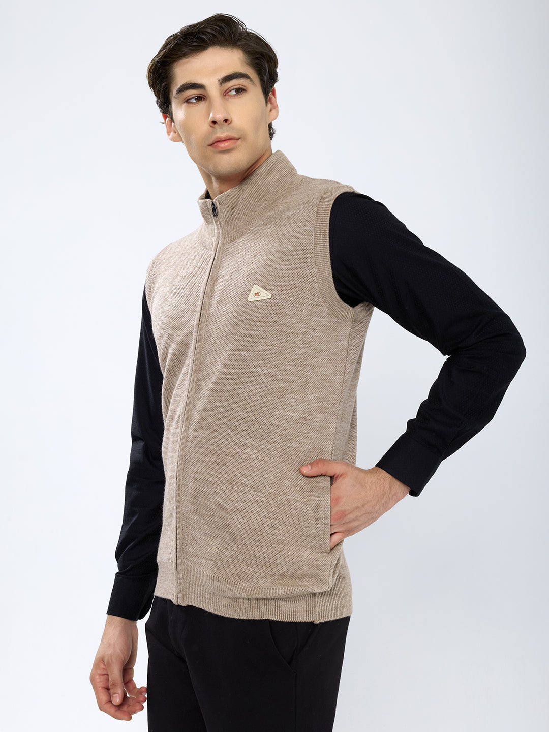 Men Beige Solid Collar Sleeveless Sweater