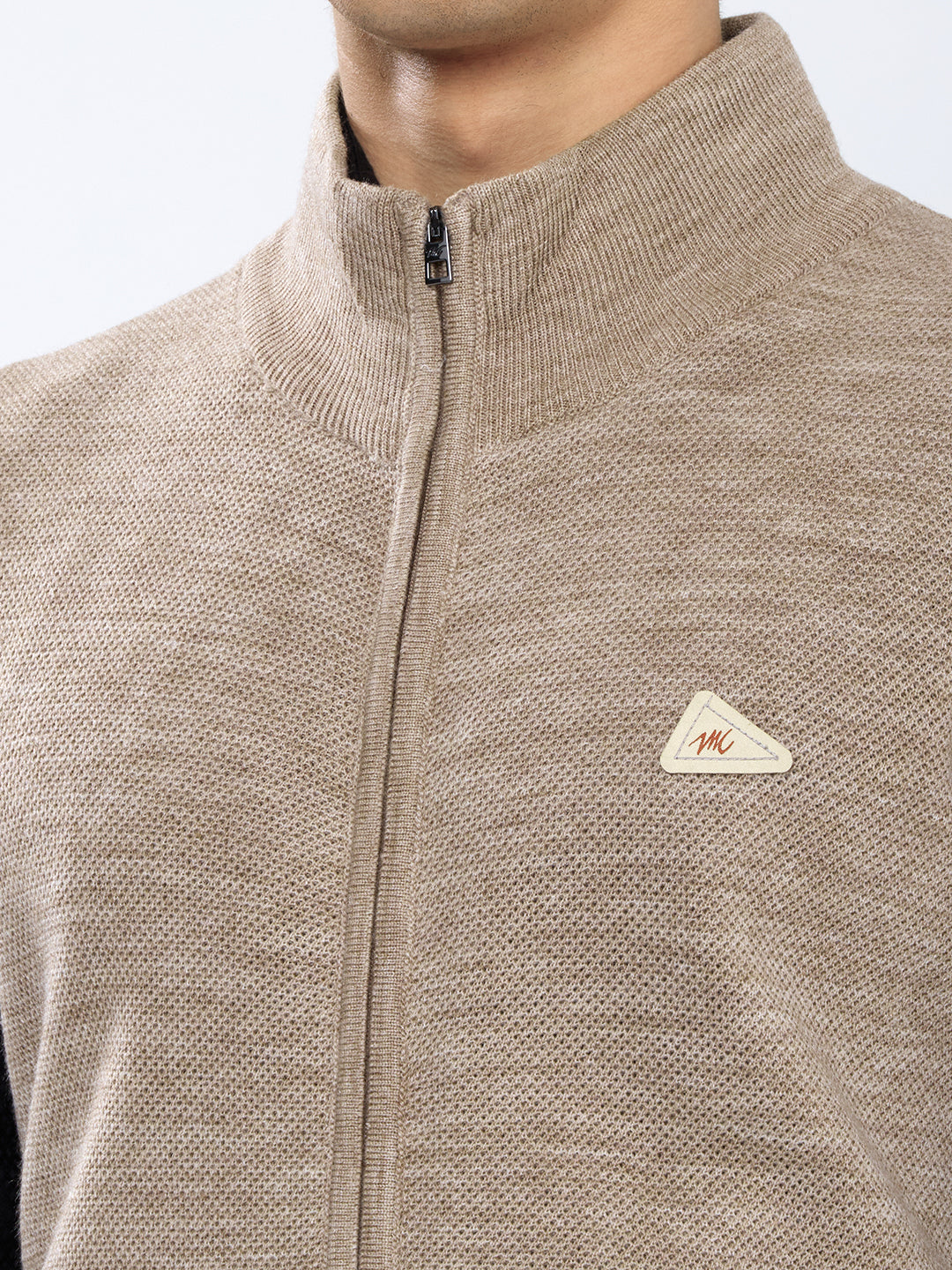 Men Beige Solid Collar Sleeveless Sweater