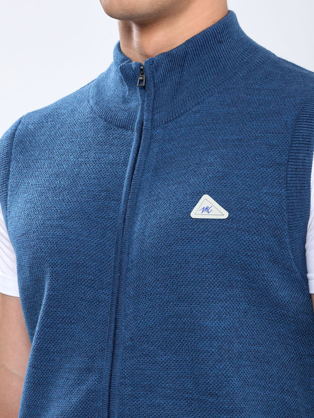 Men Blue Solid Collar Sleeveless Sweater